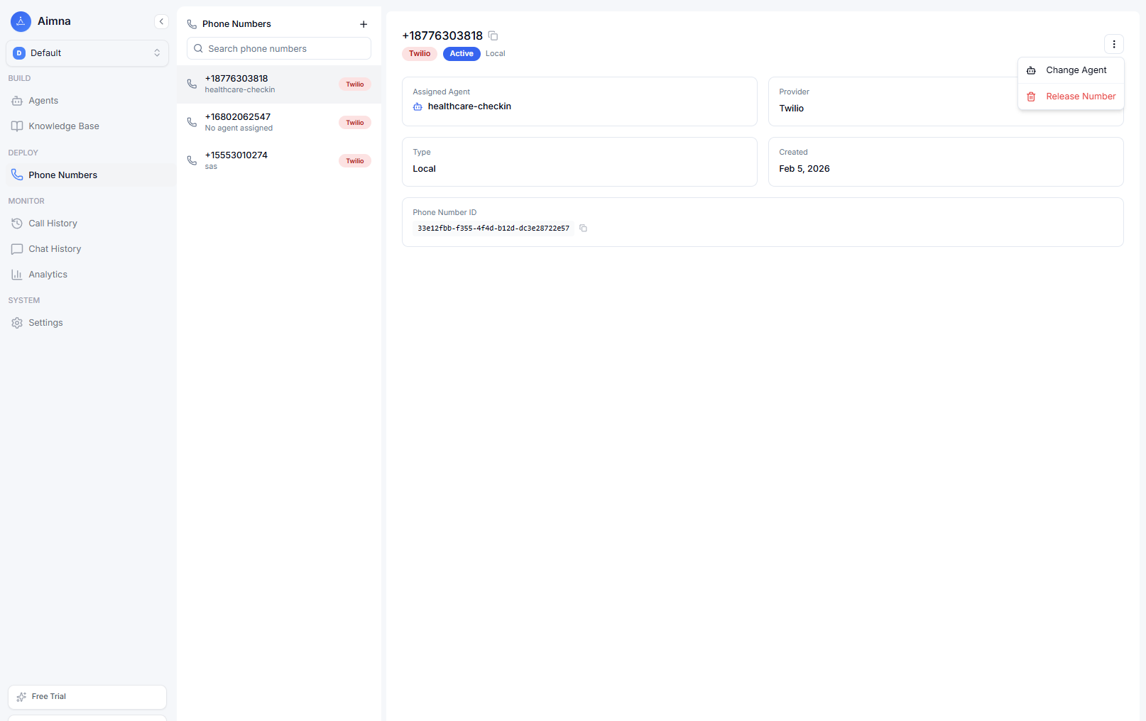 Phone numbers dashboard showing number configuration options