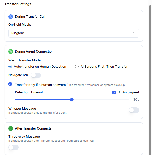 Warm transfer settings