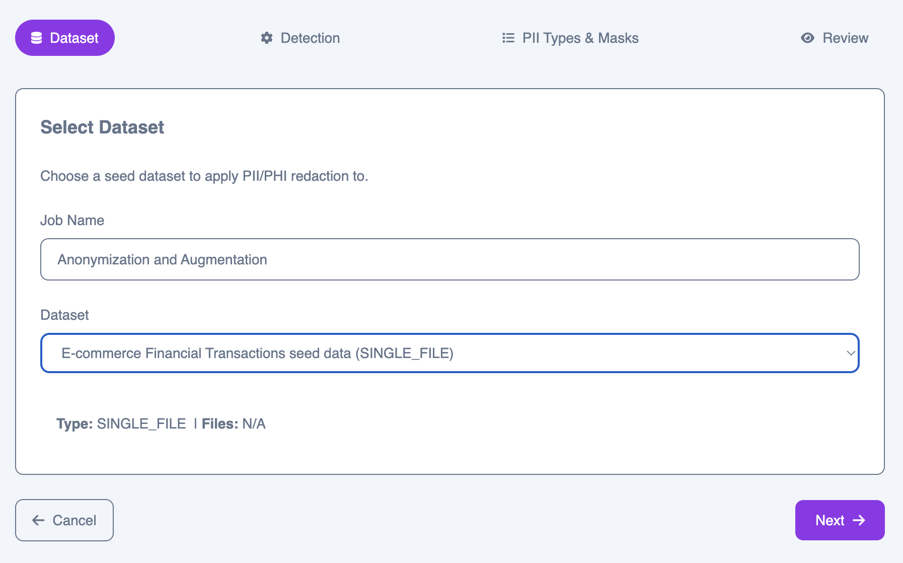 Step 1 – Select a dataset for anonymization
