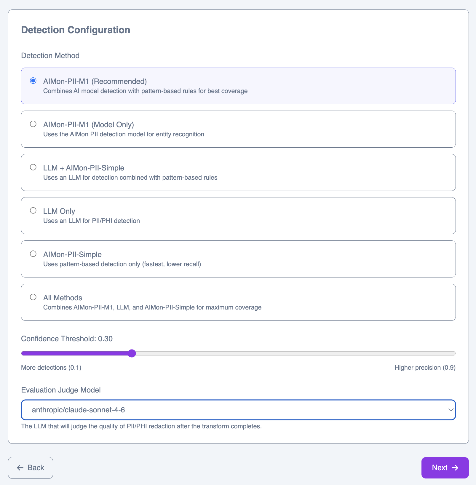 Step 2 – Detection configuration: choose detection method, confidence threshold, and evaluation judge