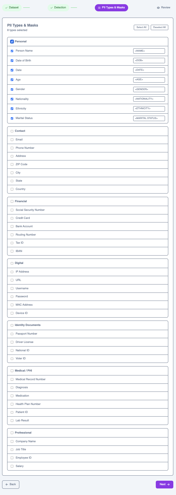 Step 3 – Select sensitive entity types and configure mask tokens