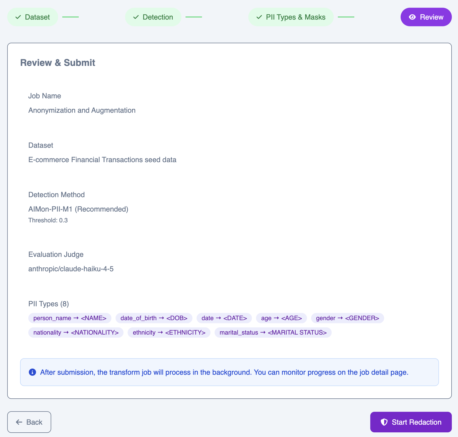 Step 4 – Review and submit the anonymization job