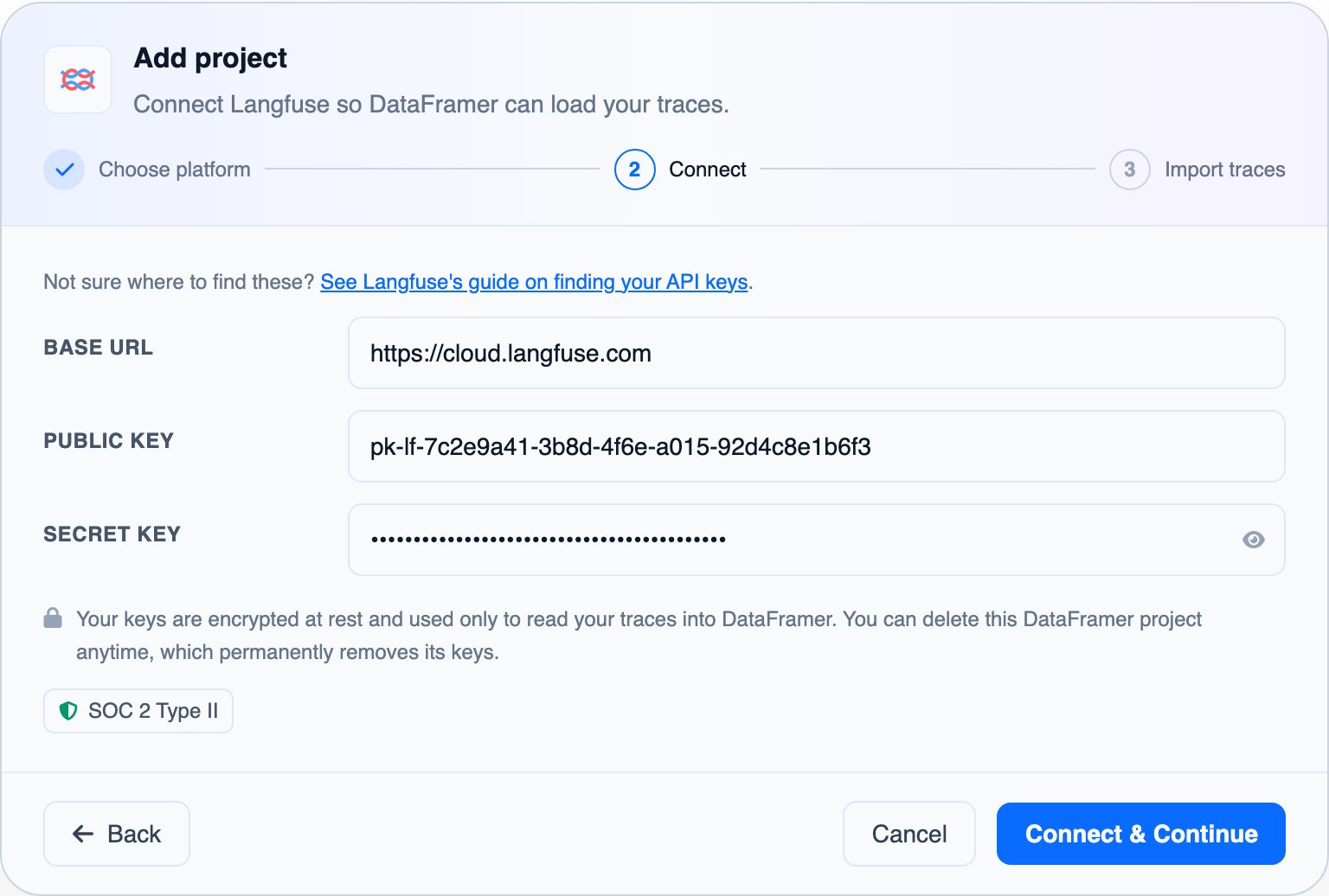 The Add project dialog at the Connect step for Langfuse, with the Base URL, Public Key and Secret Key filled in