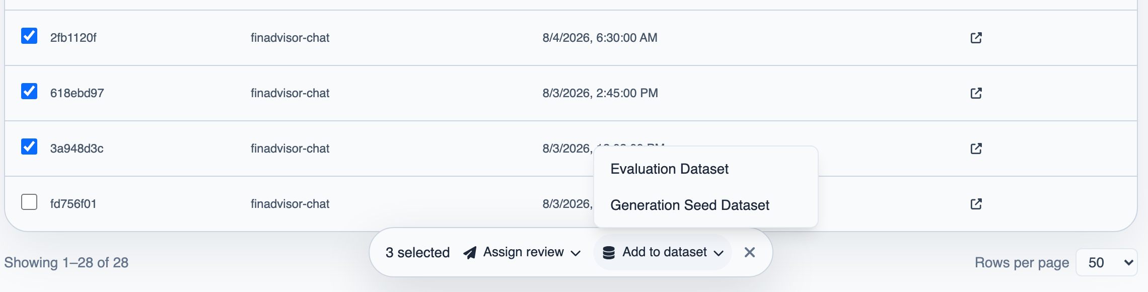 Three selected traces with the selection bar open on Add to dataset, offering Evaluation Dataset and Generation Seed Dataset