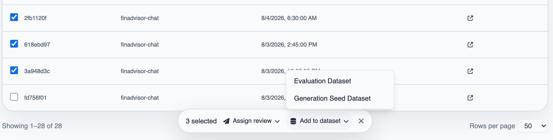 Three selected traces with the selection bar open on Add to dataset, offering Evaluation Dataset and Generation Seed Dataset