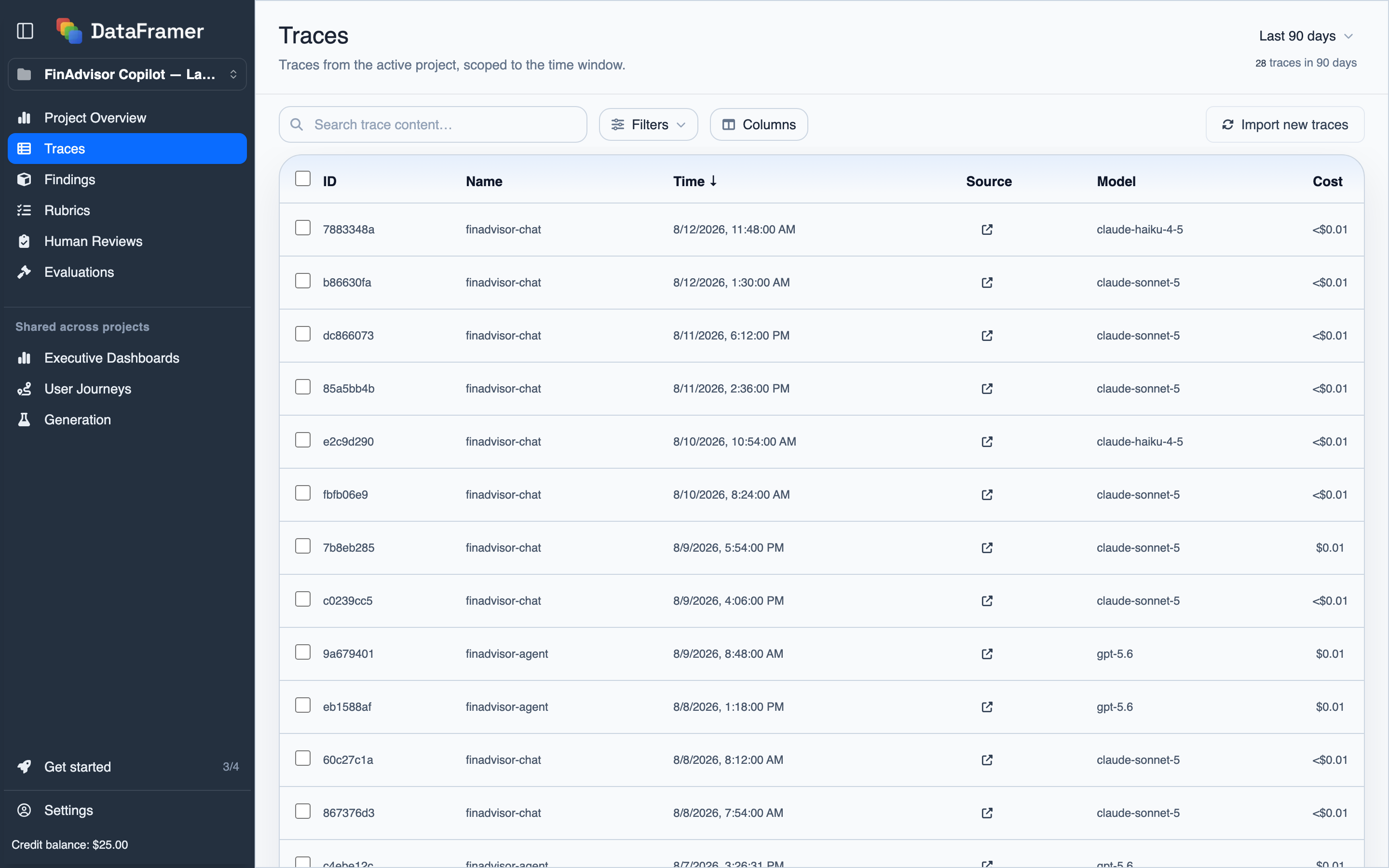 The Traces page with the time window, the trace count, the Import new traces button and the list of traces