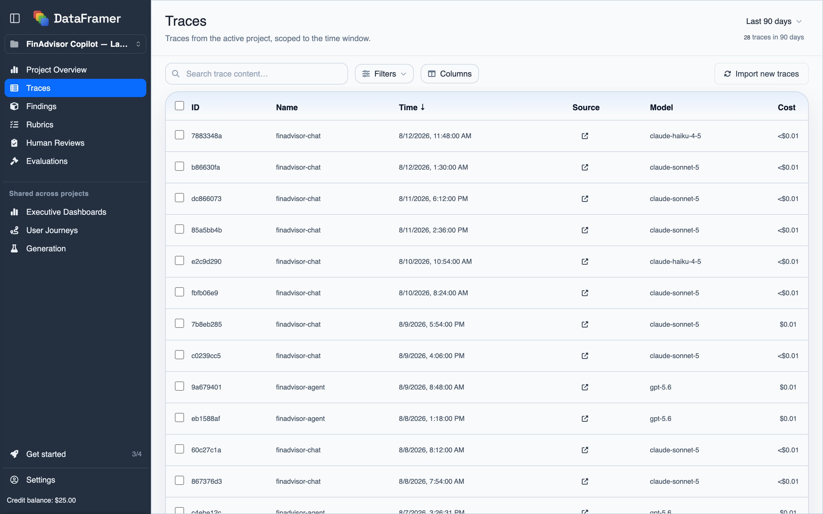 The Traces page with the time window, the trace count, the Import new traces button and the list of traces