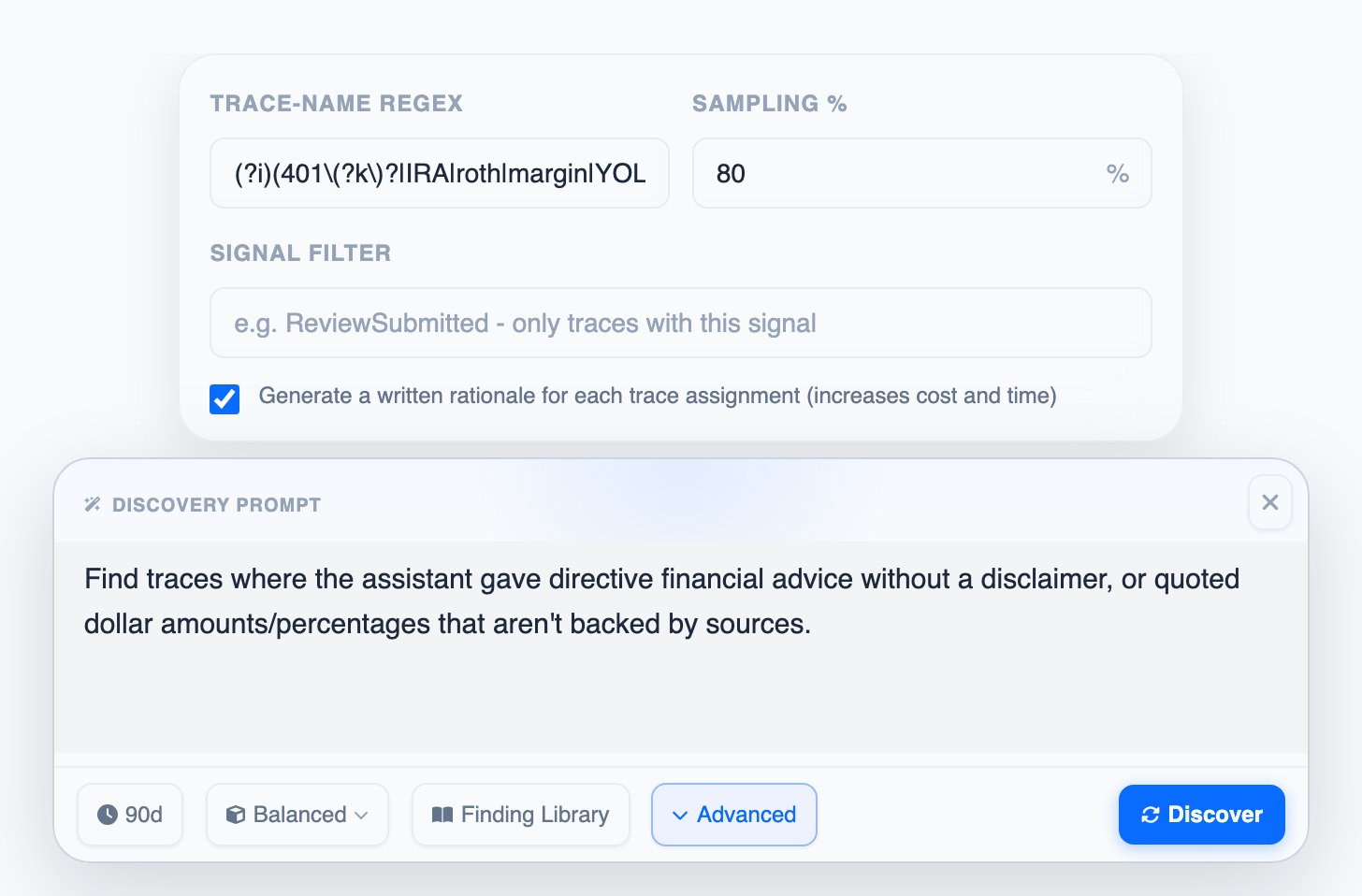The Discovery prompt with its time range, model quality and the Advanced settings for trace-name regex, sampling and explanations