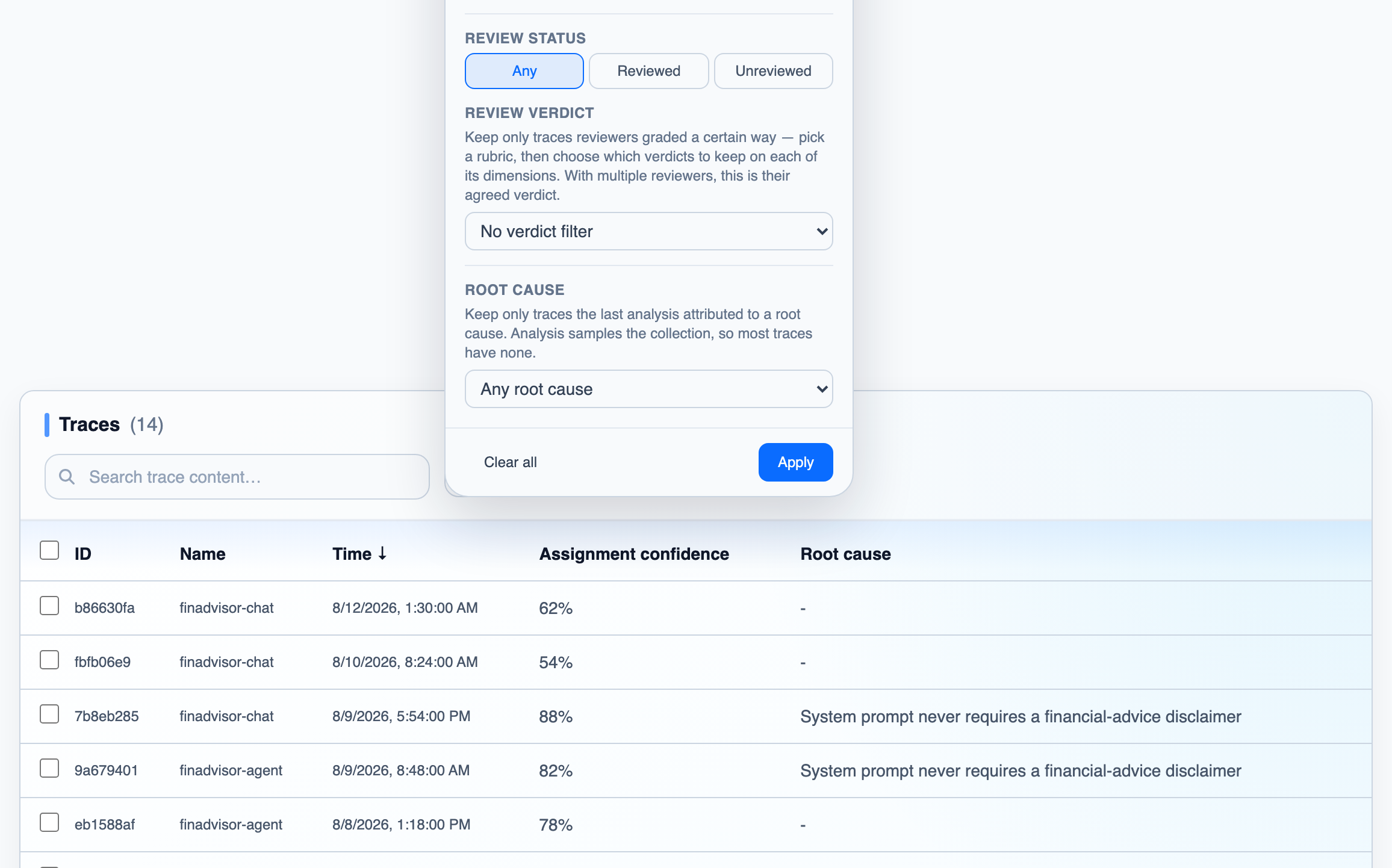 A finding's trace list filtered to traces with any root cause, with the Root cause column showing which cause each trace was attributed to