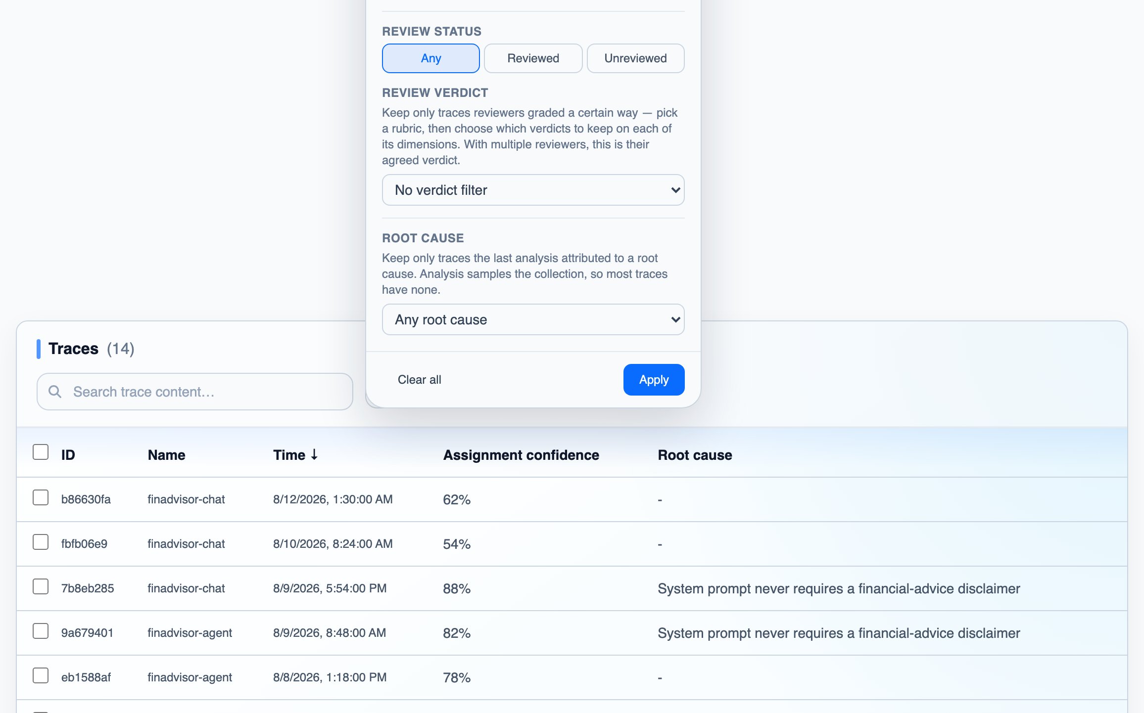 A finding's trace list filtered to traces with any root cause, with the Root cause column showing which cause each trace was attributed to
