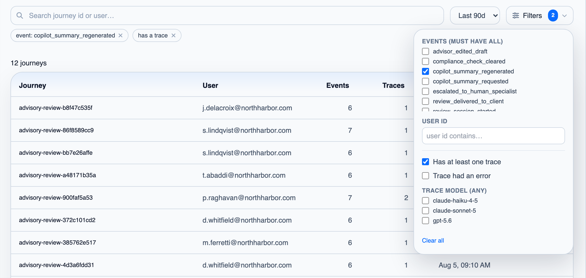 The Journeys list with the Filters menu open, filtering on an event and on journeys that have at least one trace