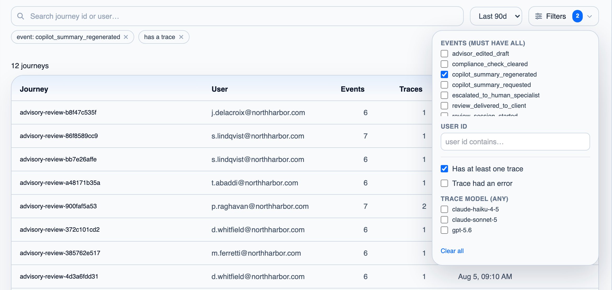 The Journeys list with the Filters menu open, filtering on an event and on journeys that have at least one trace