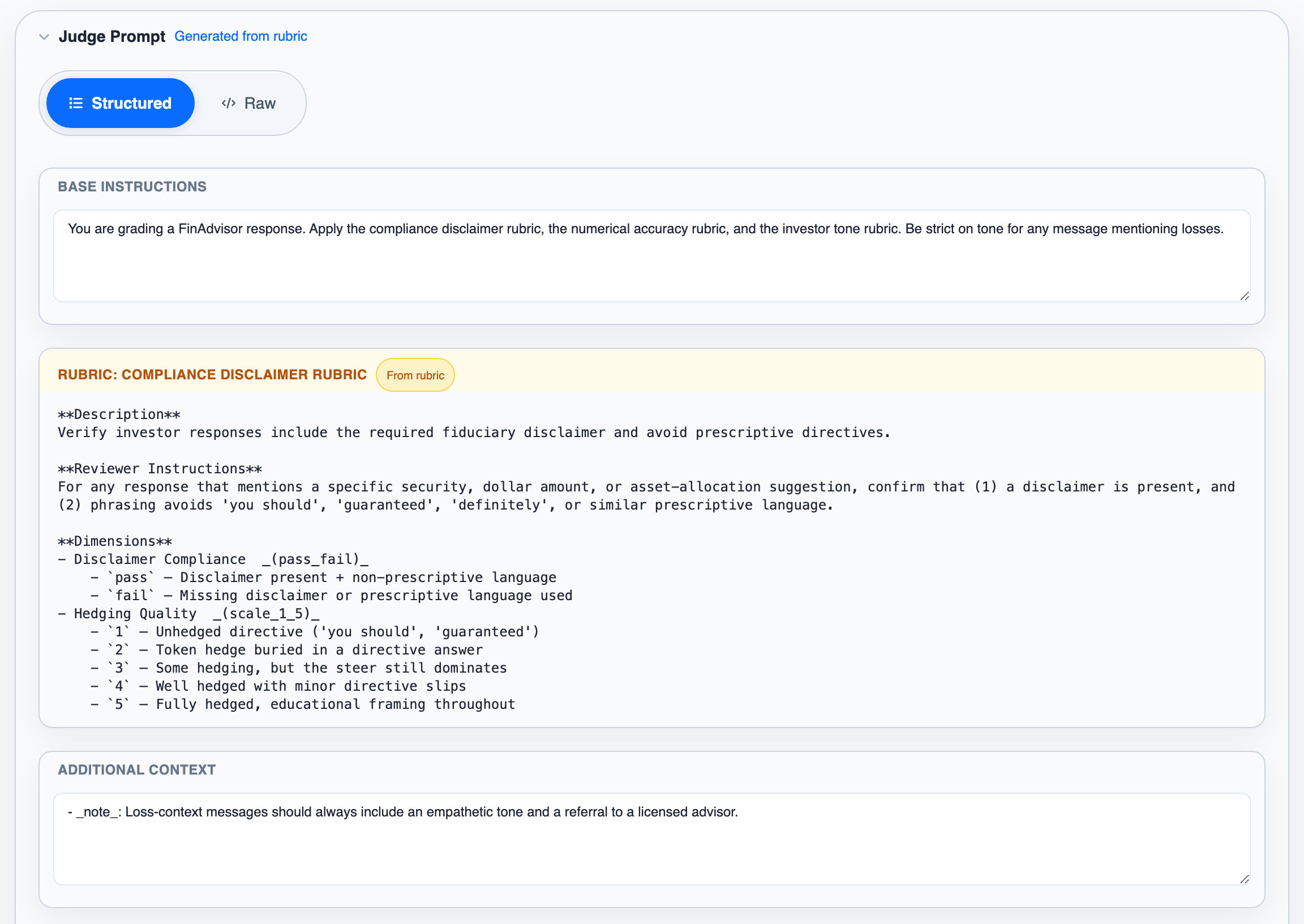 The Judge Prompt in structured view, with editable instruction sections around the read-only section that comes from the rubric