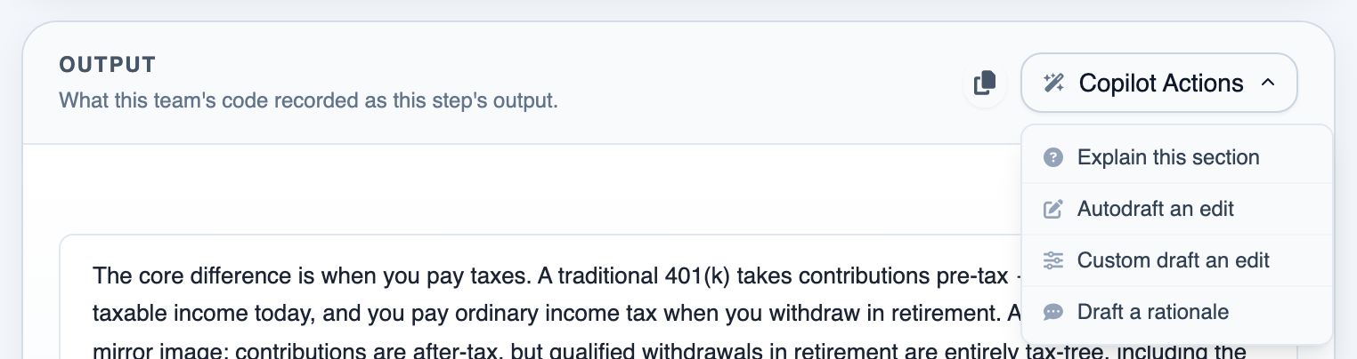 The Copilot Actions menu of a trace's Output section