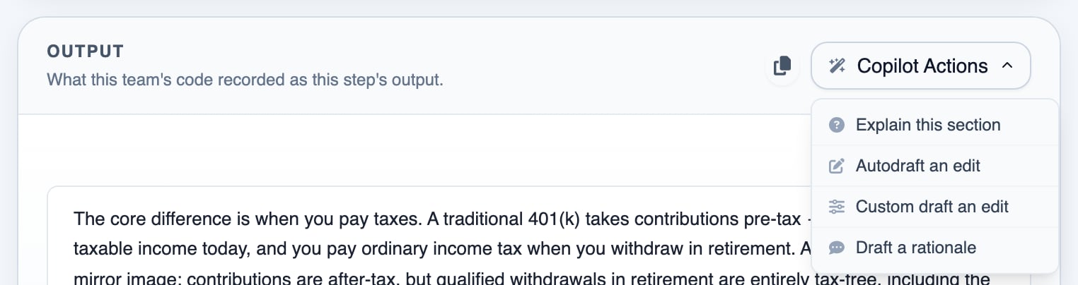 The Copilot Actions menu of a trace's Output section