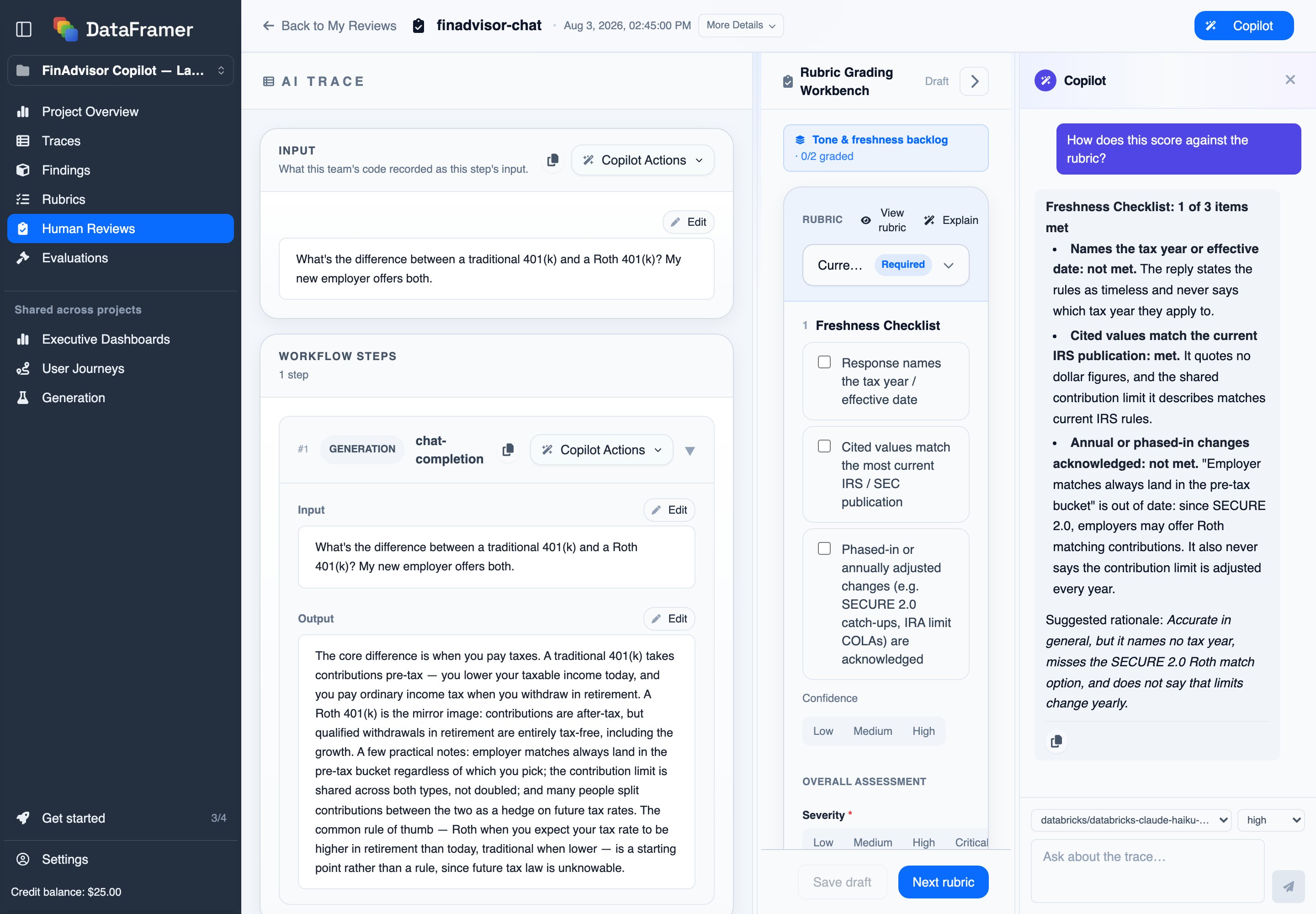 A review with the Copilot pane open, answering how the trace scores against each item of the rubric