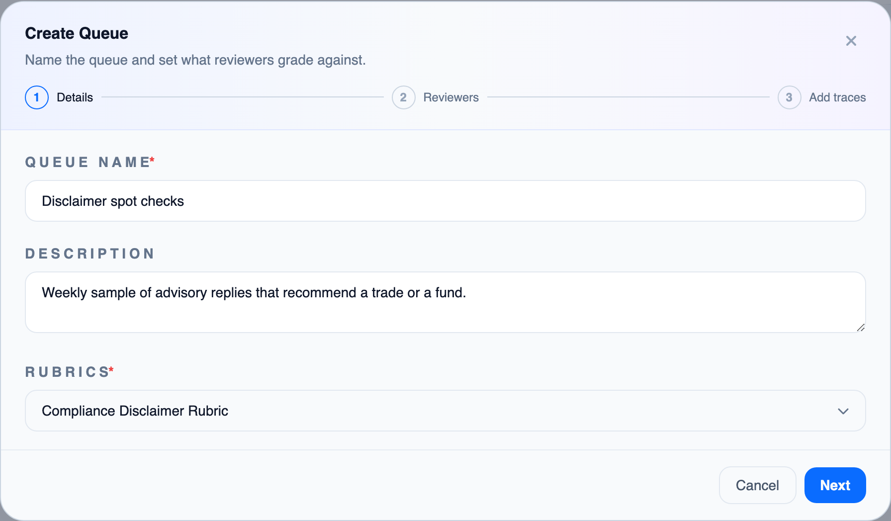 The Create Queue dialog with a queue name, a description and a rubric