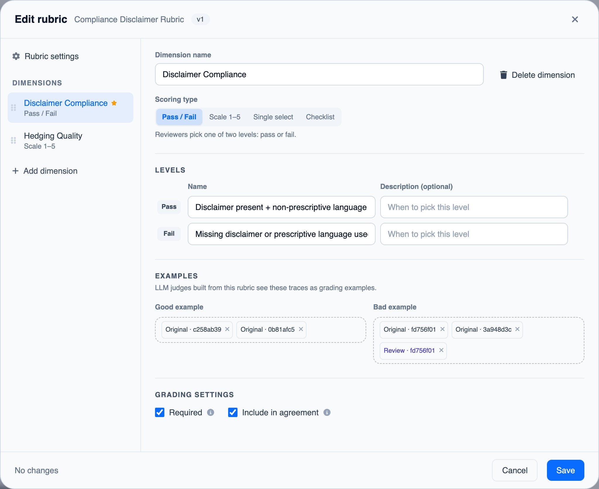 The rubric editor on a Pass / Fail dimension, with its levels and its good and bad example traces