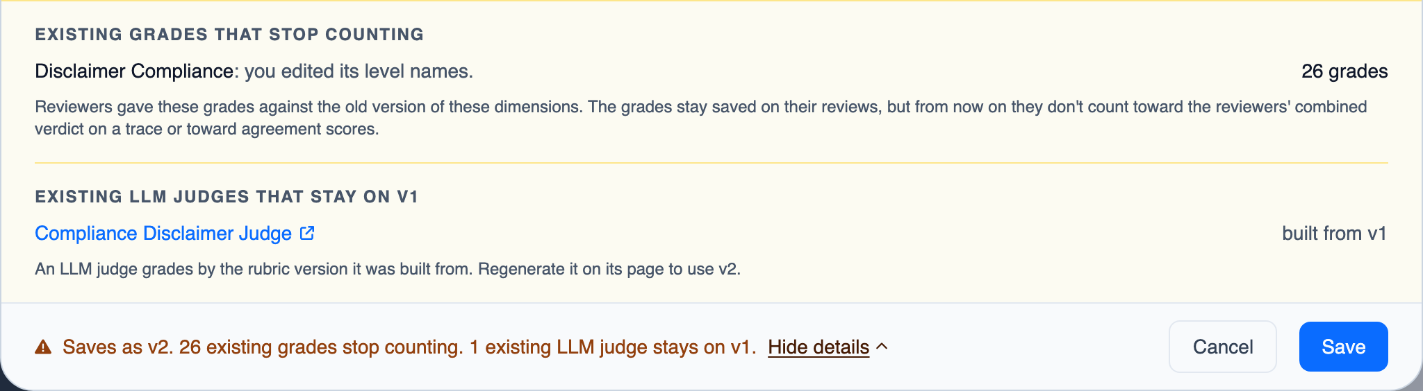 The rubric editor's save summary after a level was renamed, listing the grades that stop counting and the judge that stays on the old version