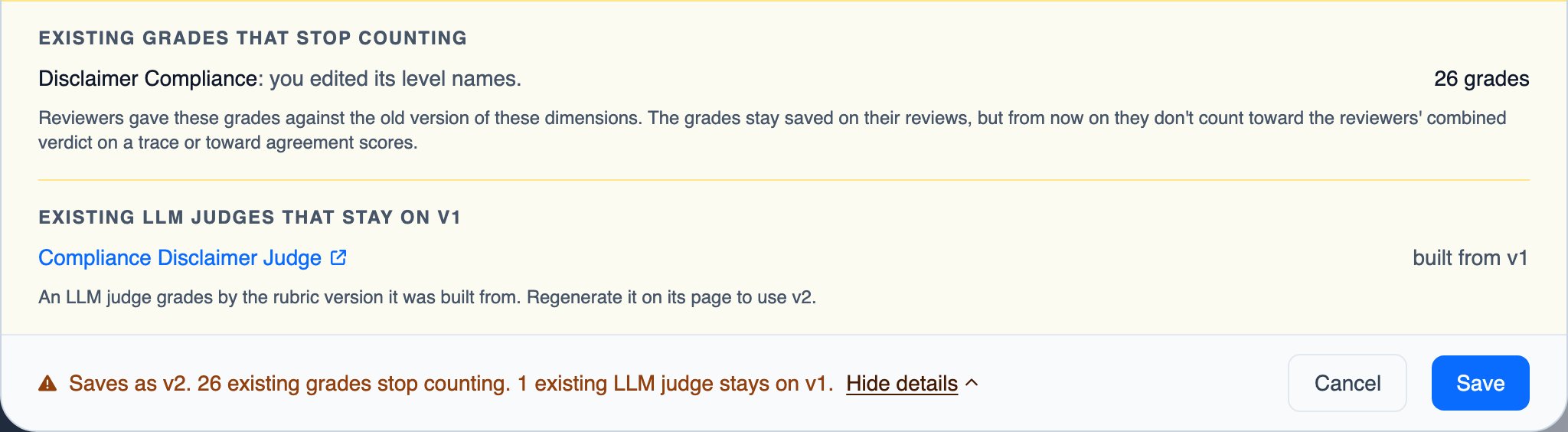 The rubric editor's save summary after a level was renamed, listing the grades that stop counting and the judge that stays on the old version