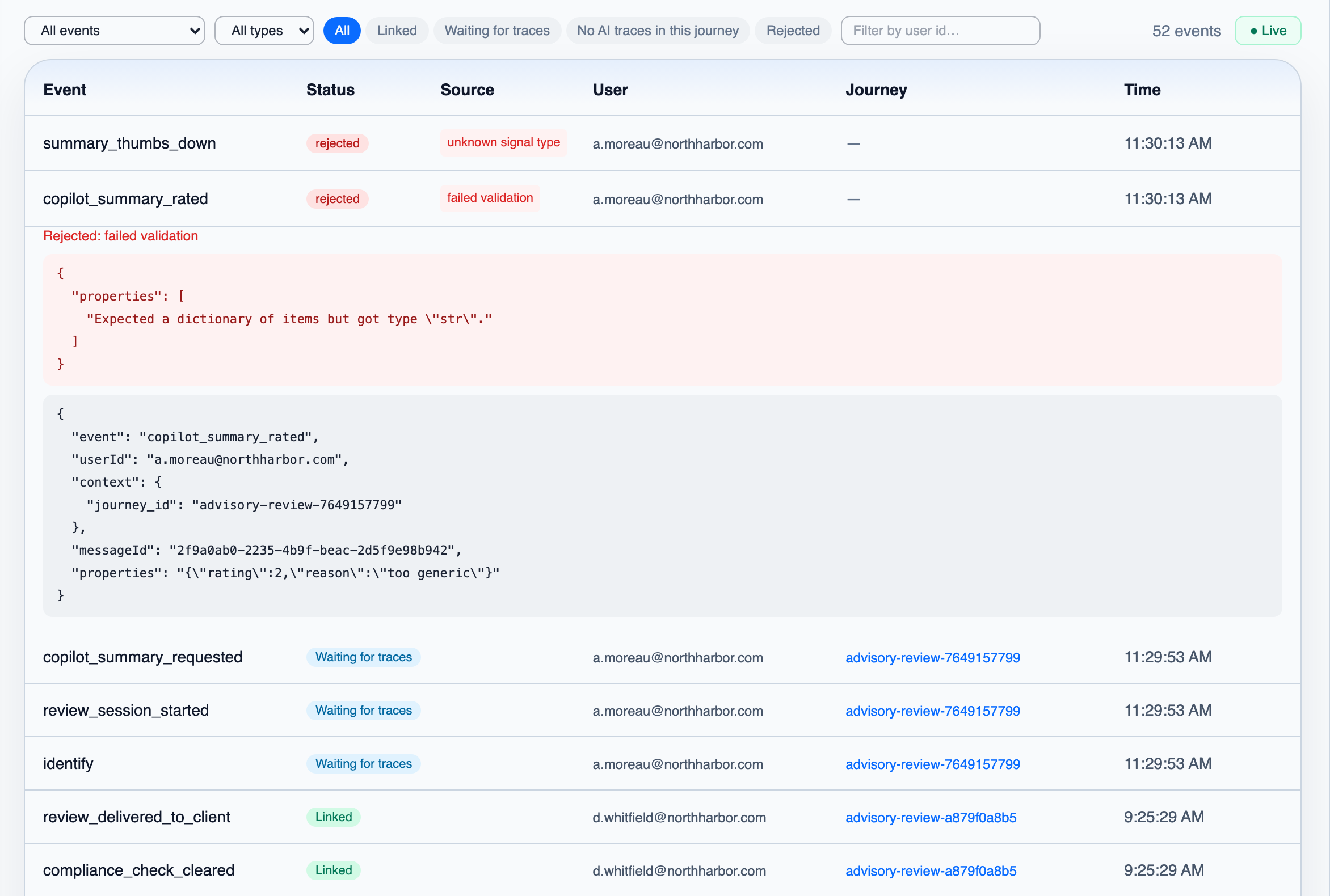 The Live Events tab with accepted events that are linked or waiting for traces, and a rejected event expanded to show why it was rejected