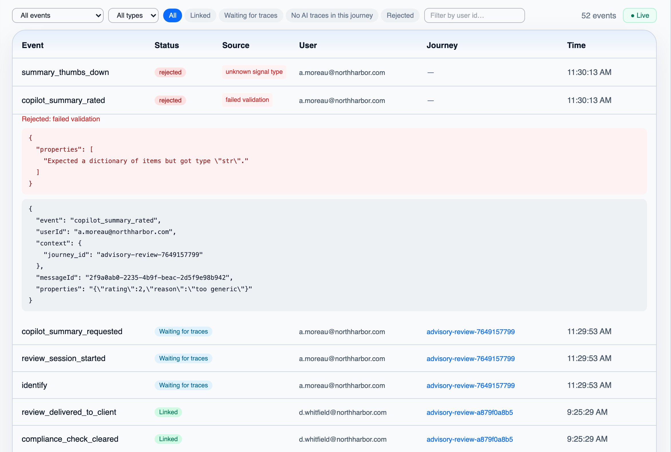 The Live Events tab with accepted events that are linked or waiting for traces, and a rejected event expanded to show why it was rejected