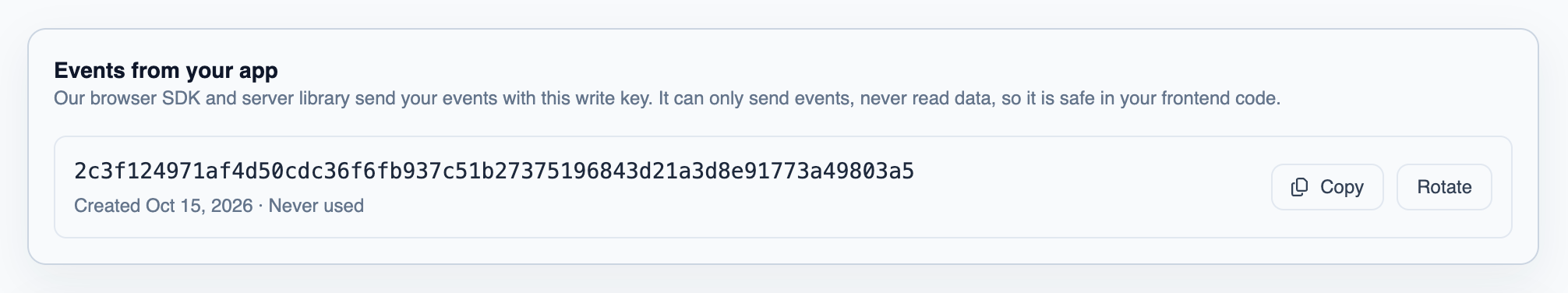 The Events from your app panel on the Events tab of Settings, with the write key and its Copy and Rotate buttons
