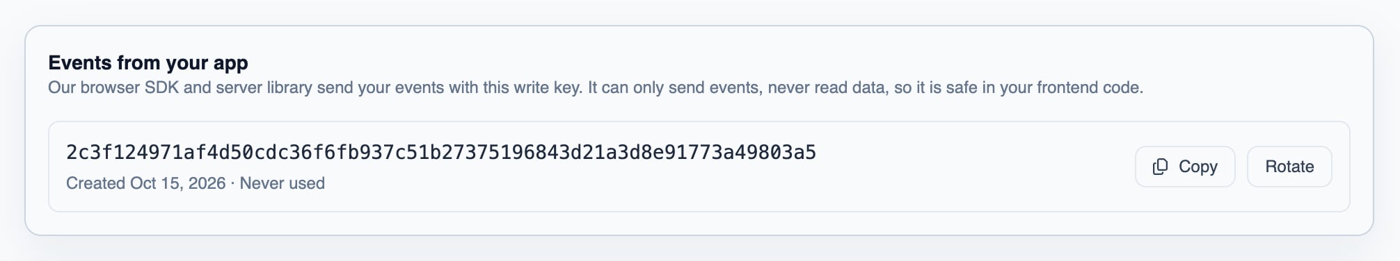 The Events from your app panel on the Events tab of Settings, with the write key and its Copy and Rotate buttons