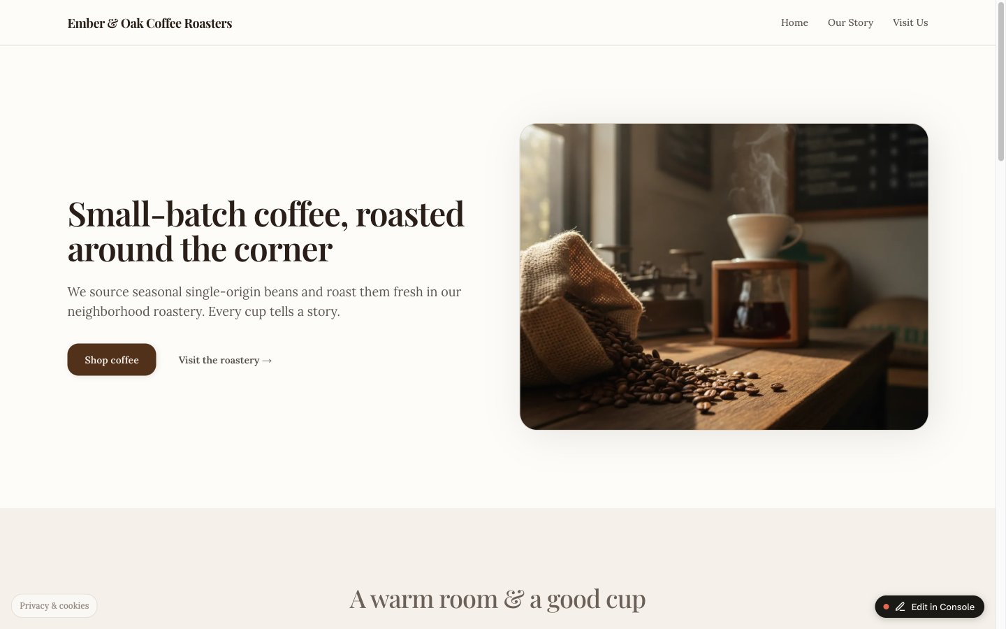 The Ember & Oak Coffee Roasters homepage built with Atelier