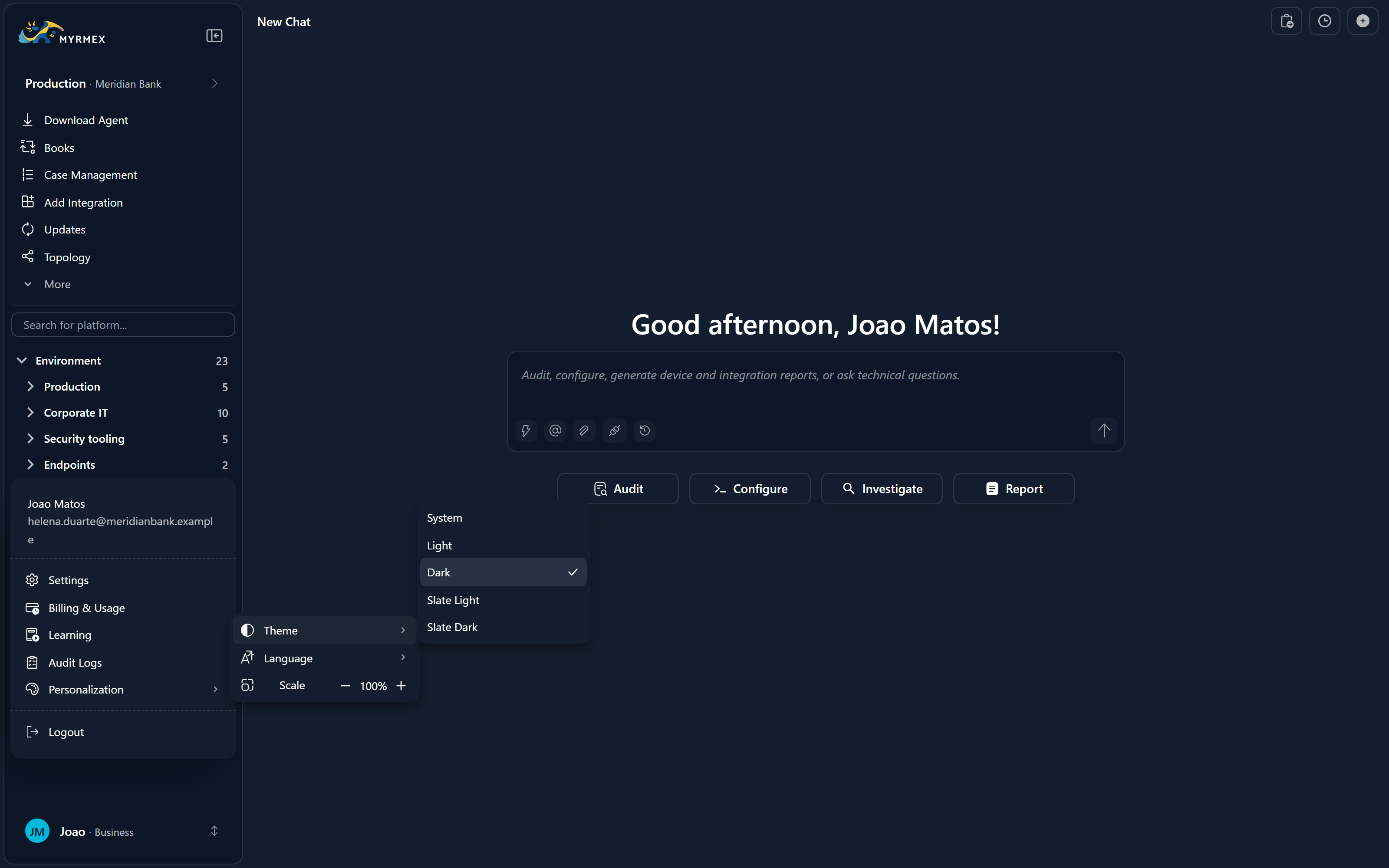 The Appearance settings, with theme and language