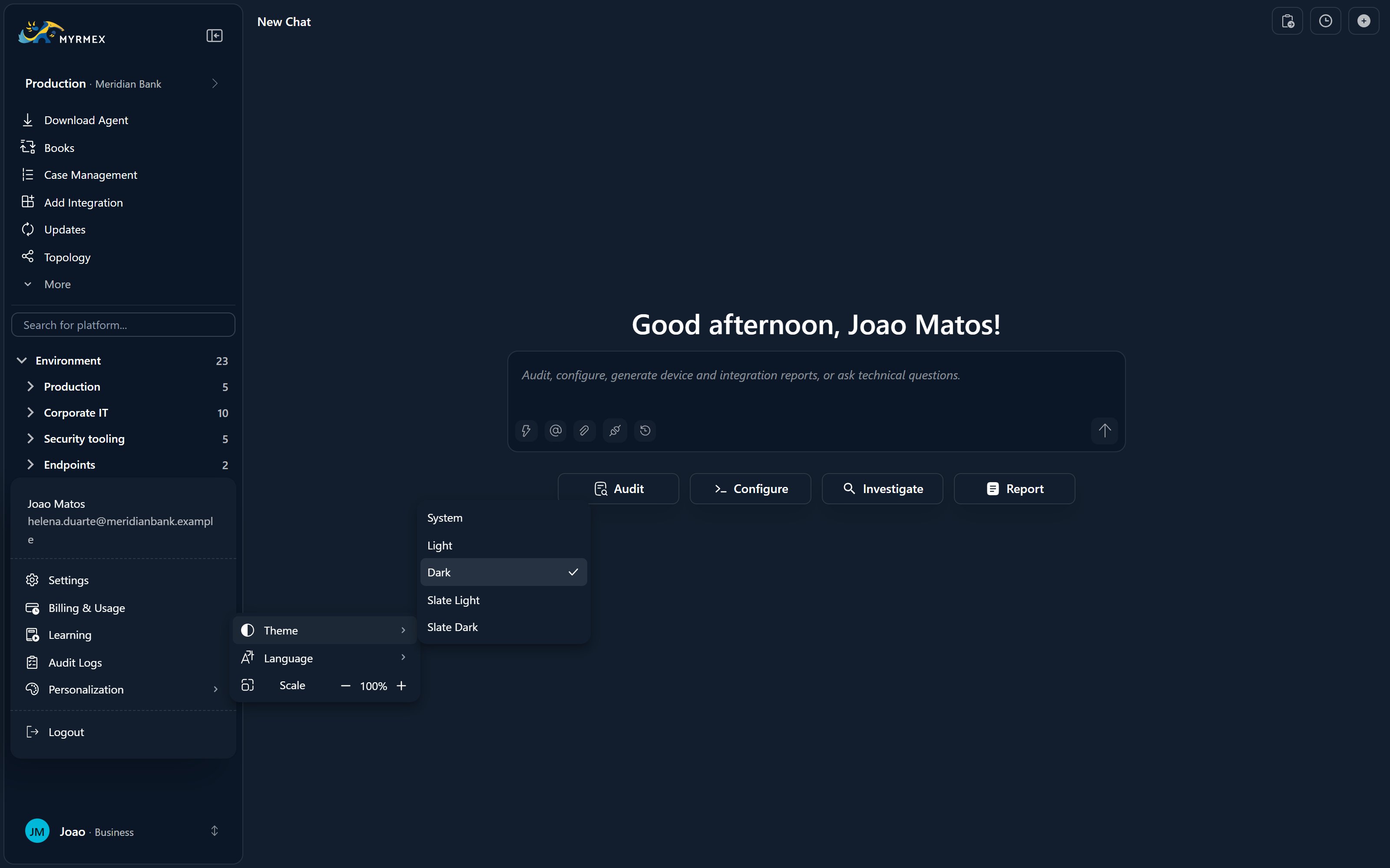 The Appearance settings, with theme and language