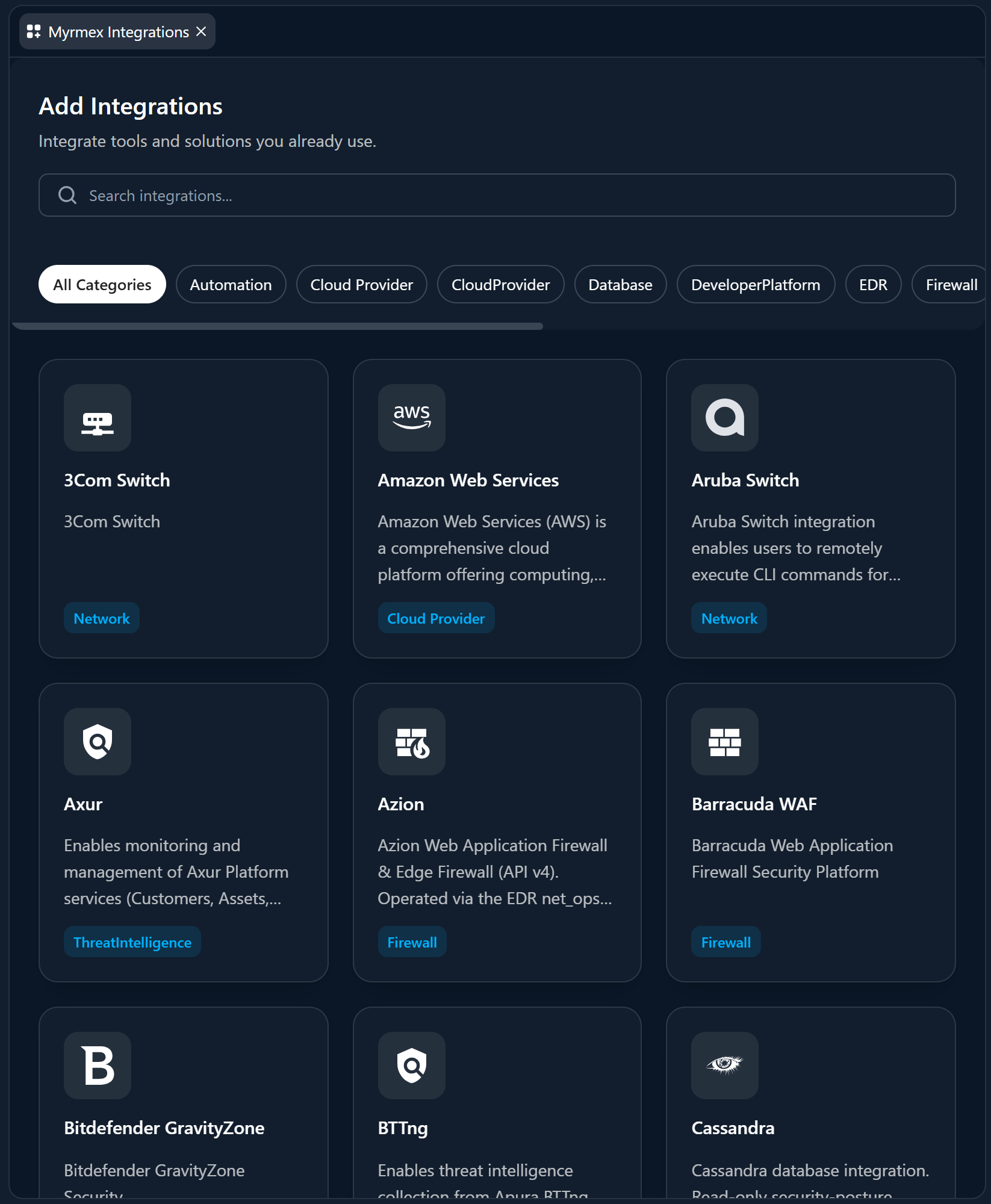 The Add Integration catalog of connectors