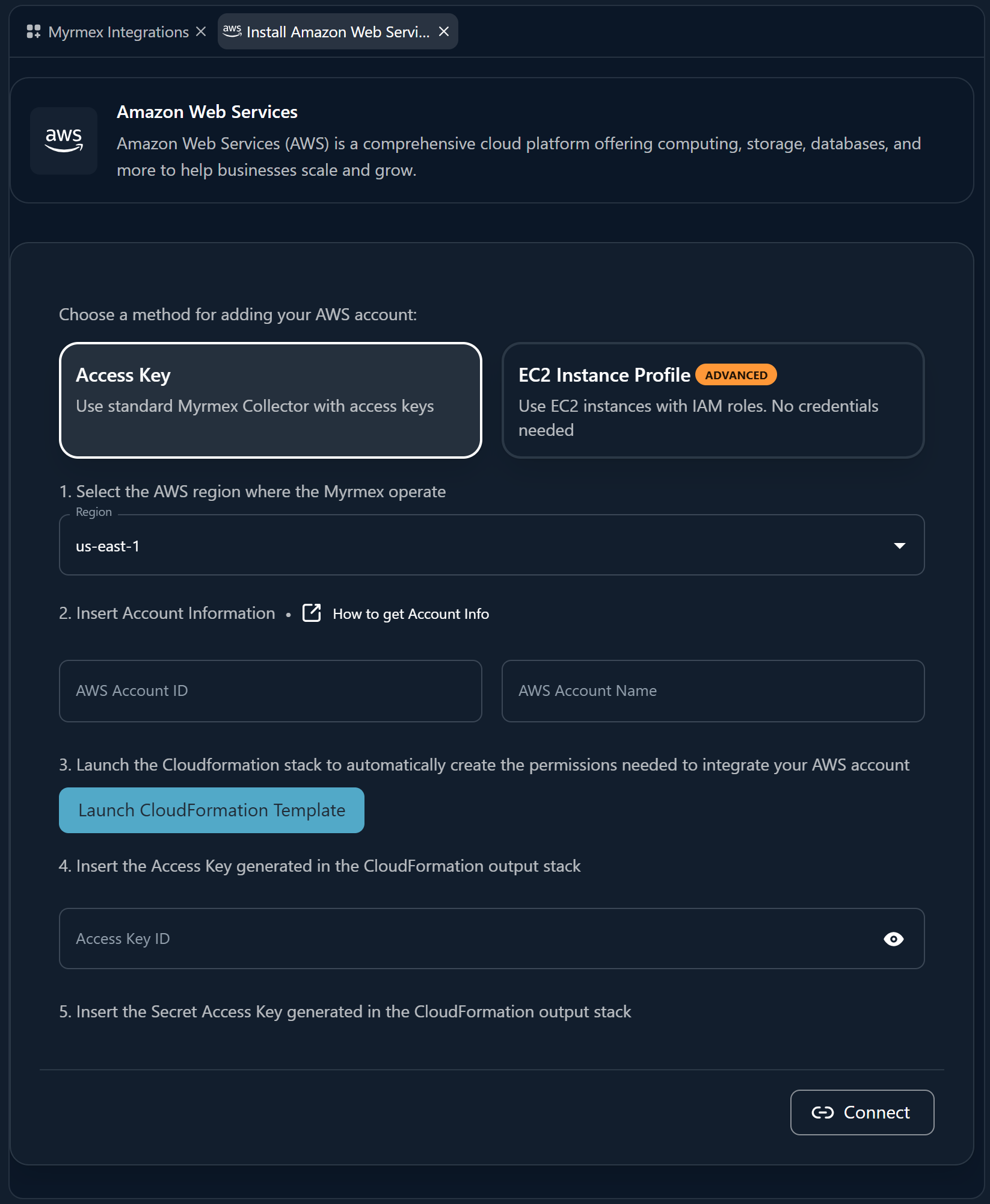 A filled-in integration connection form