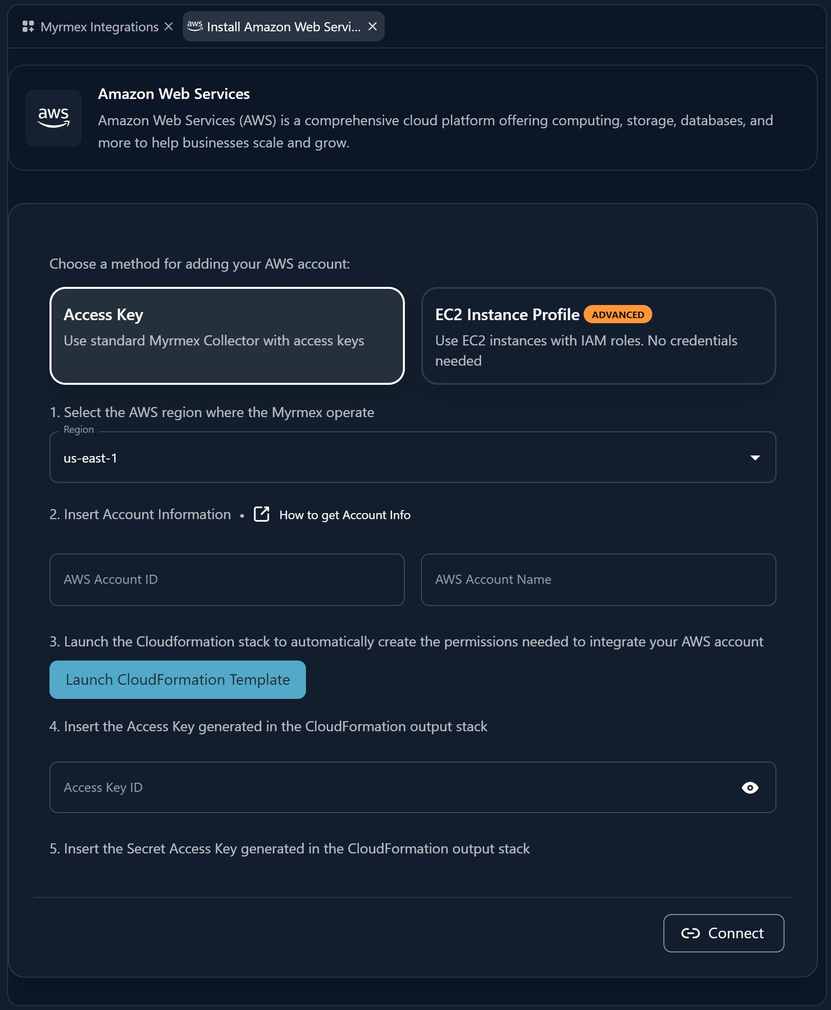 A filled-in integration connection form