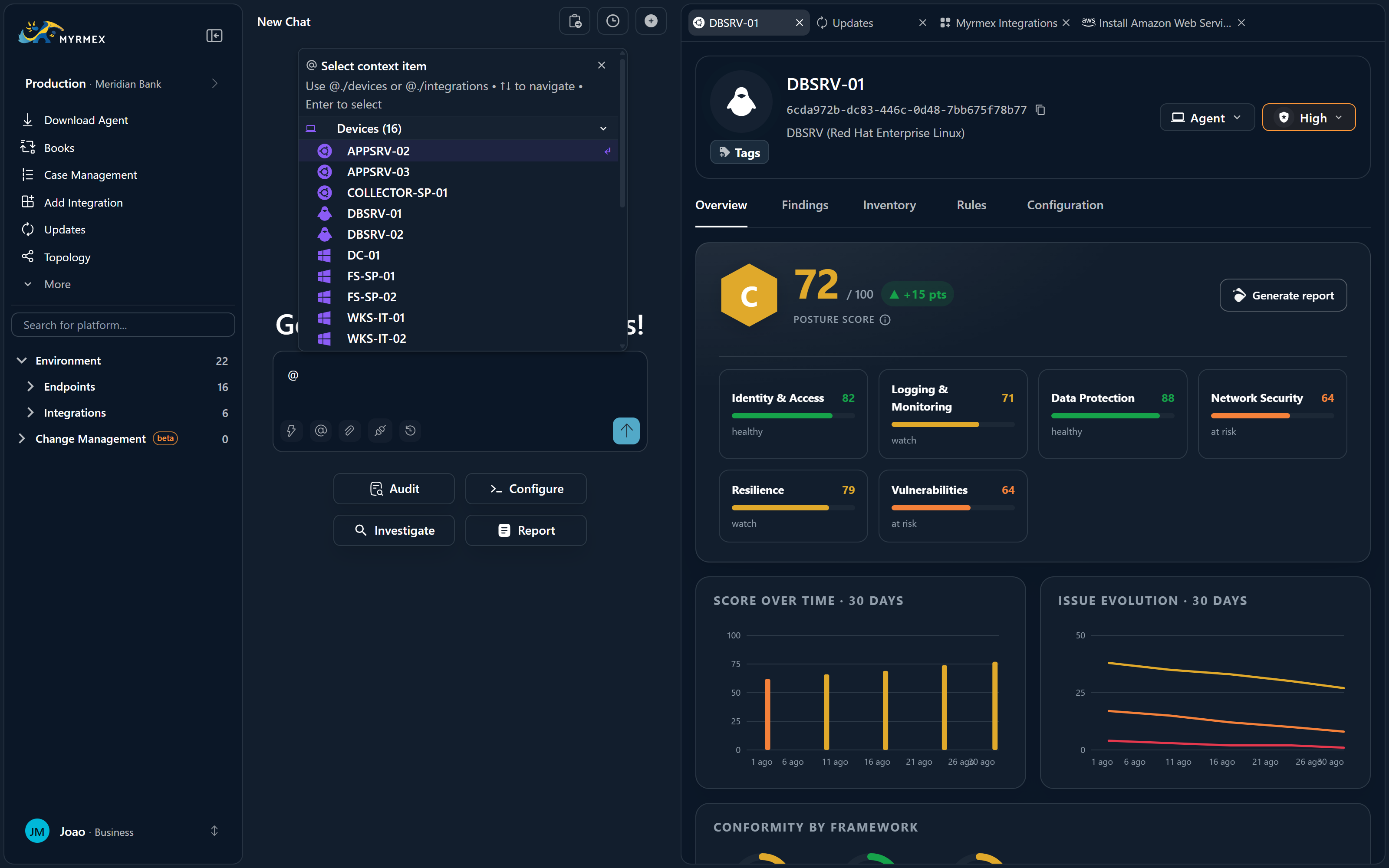 The @-mention picker listing agents and environment resources