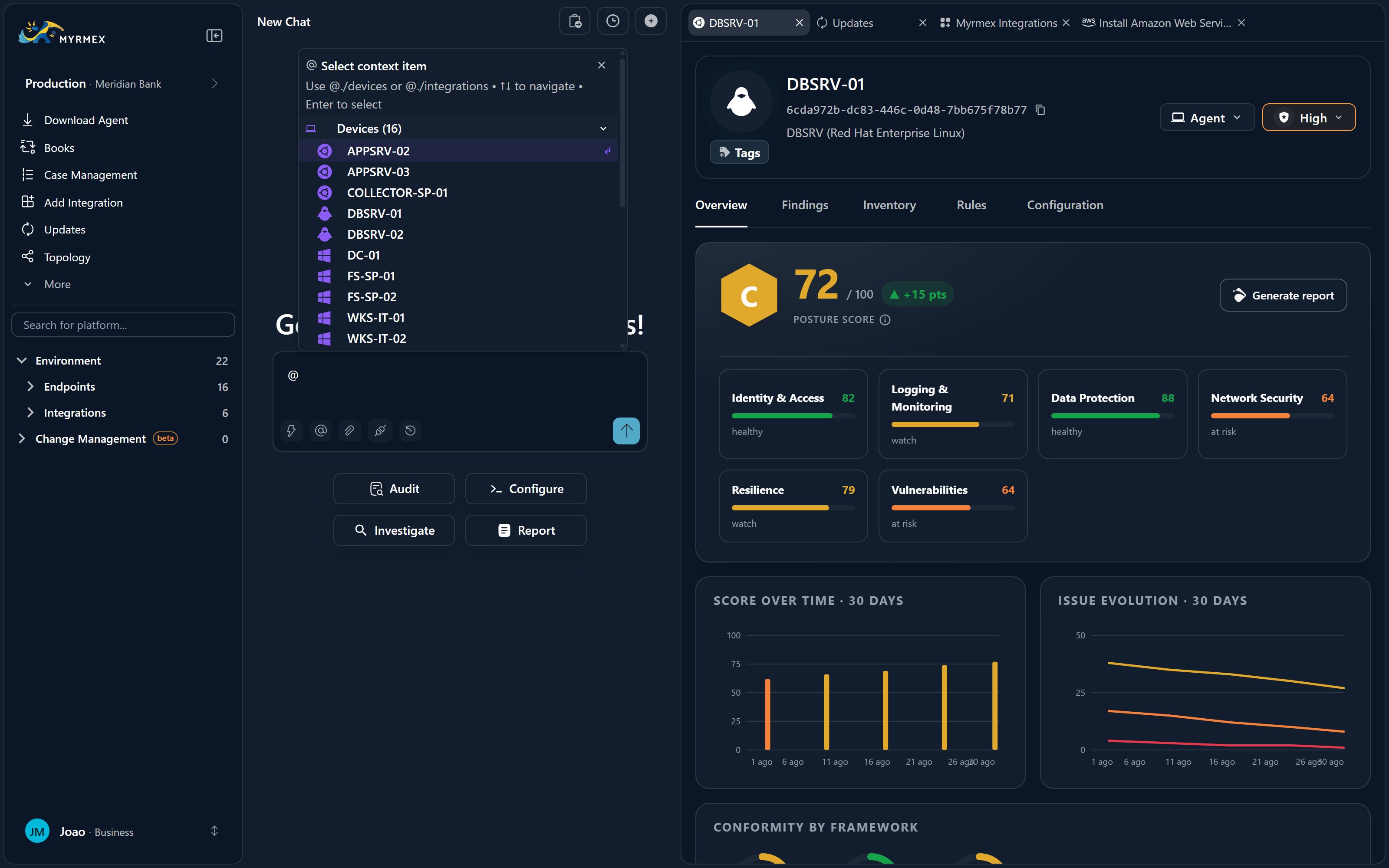 The @-mention picker listing agents and environment resources