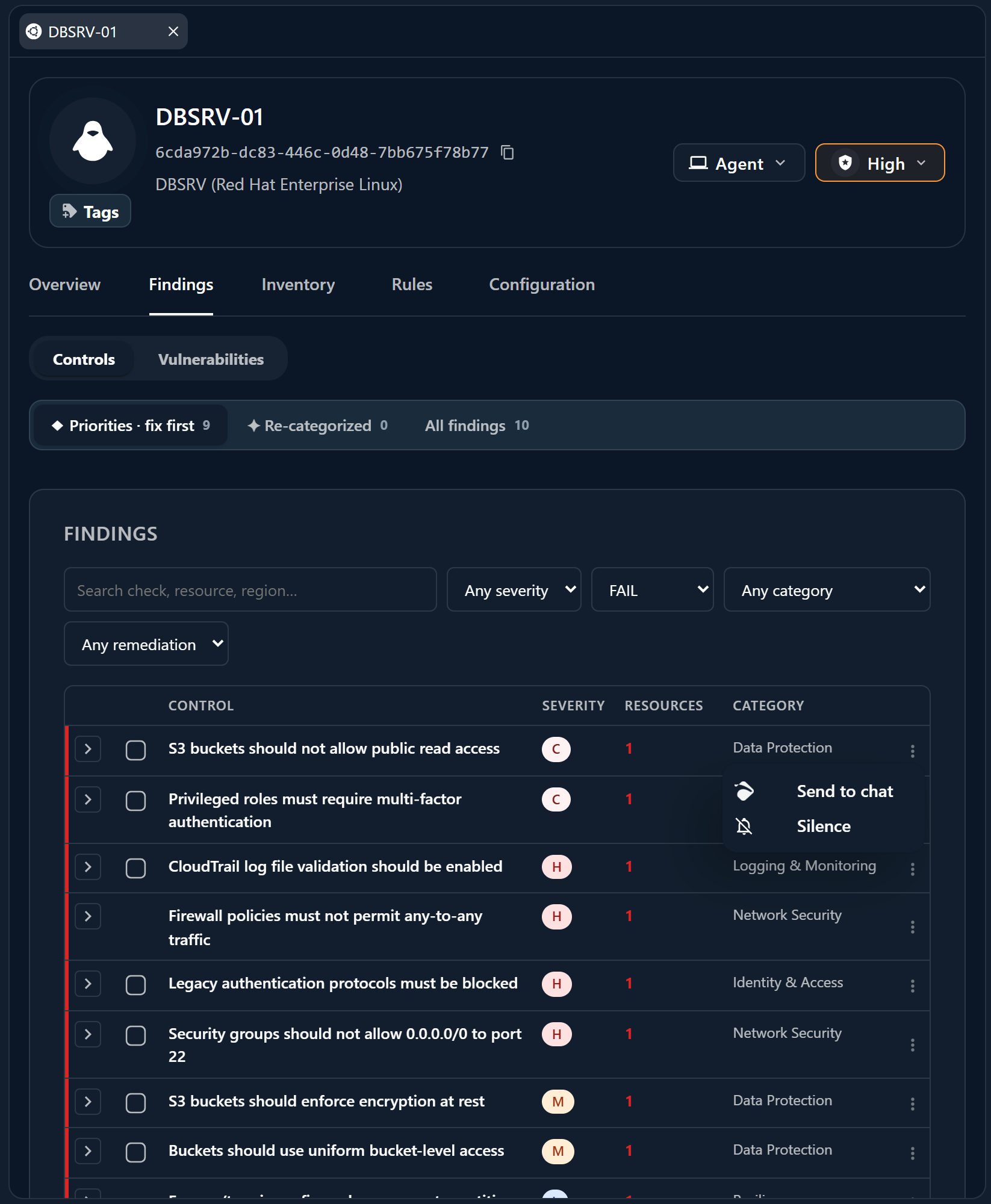 The actions available on a single finding