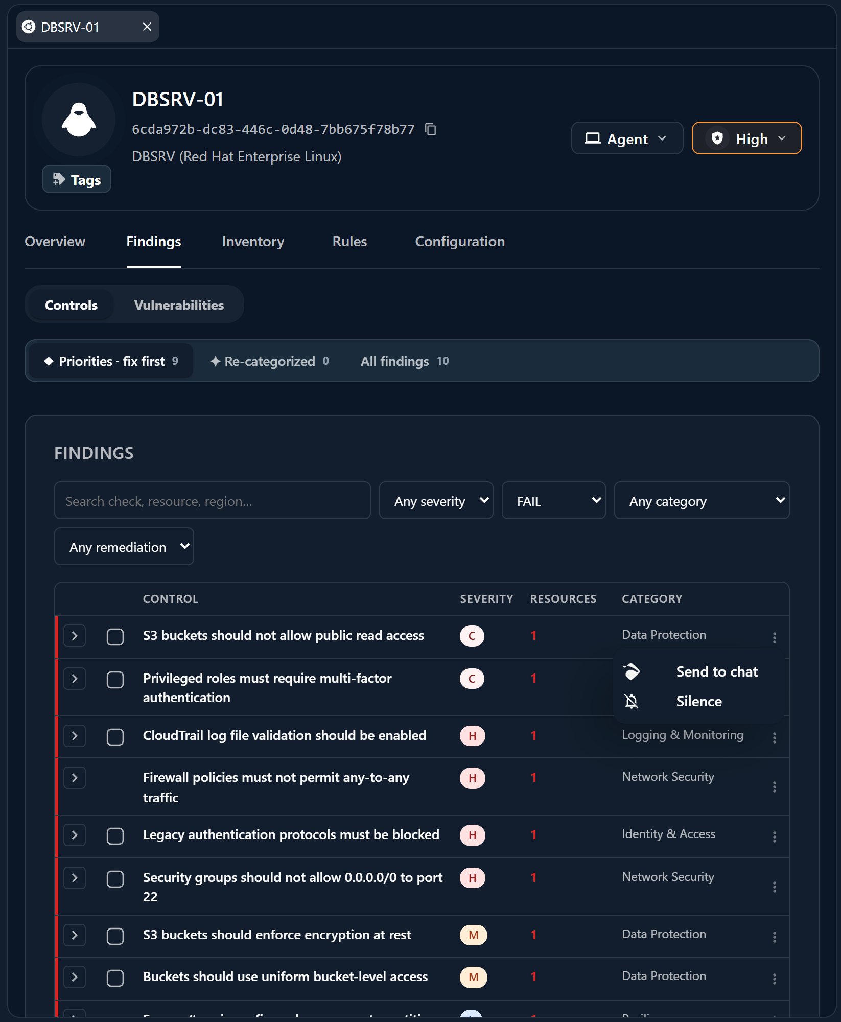 The actions available on a single finding