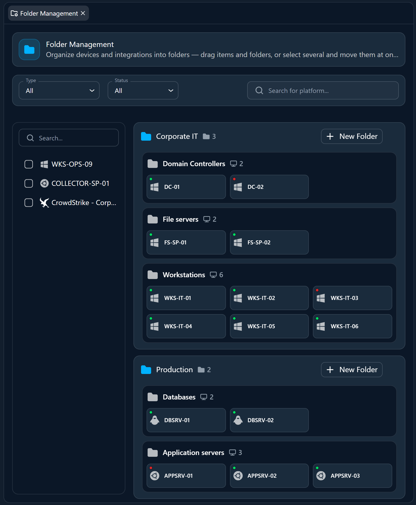 The Folder Management tab, with devices and integrations grouped into nested folders