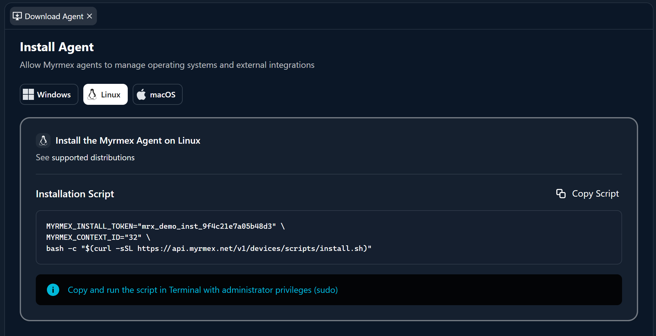The Install Agent card on Linux, with the ready-to-run installation script