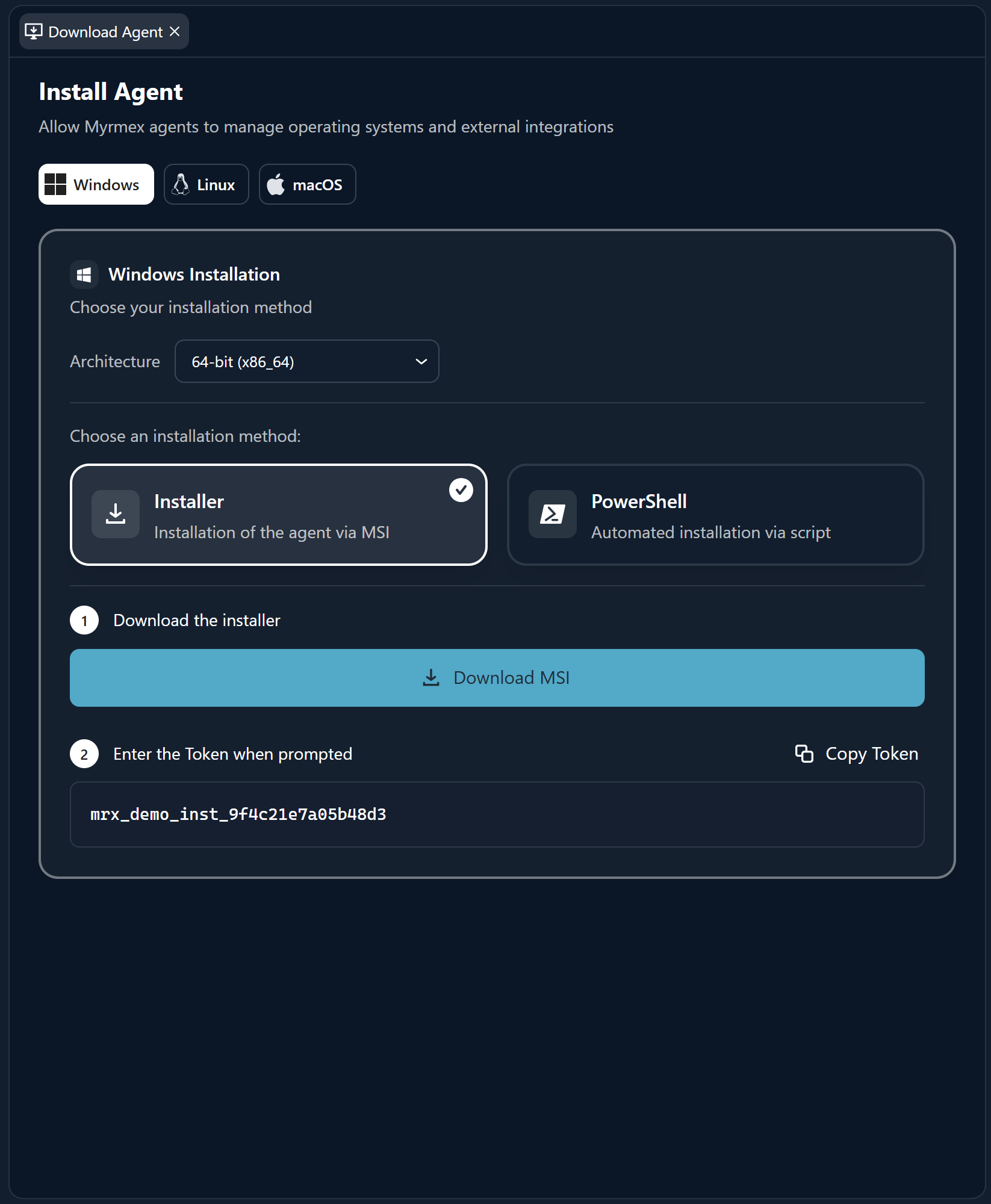 The Download Agent page generating an installation token