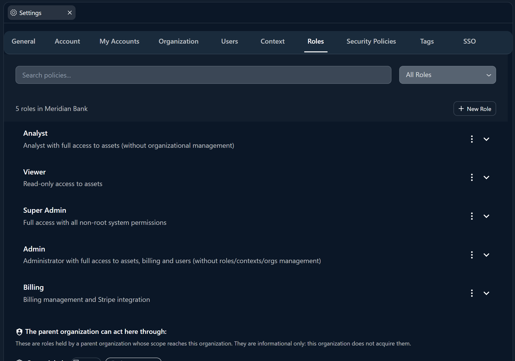 The Roles tab listing the five native roles