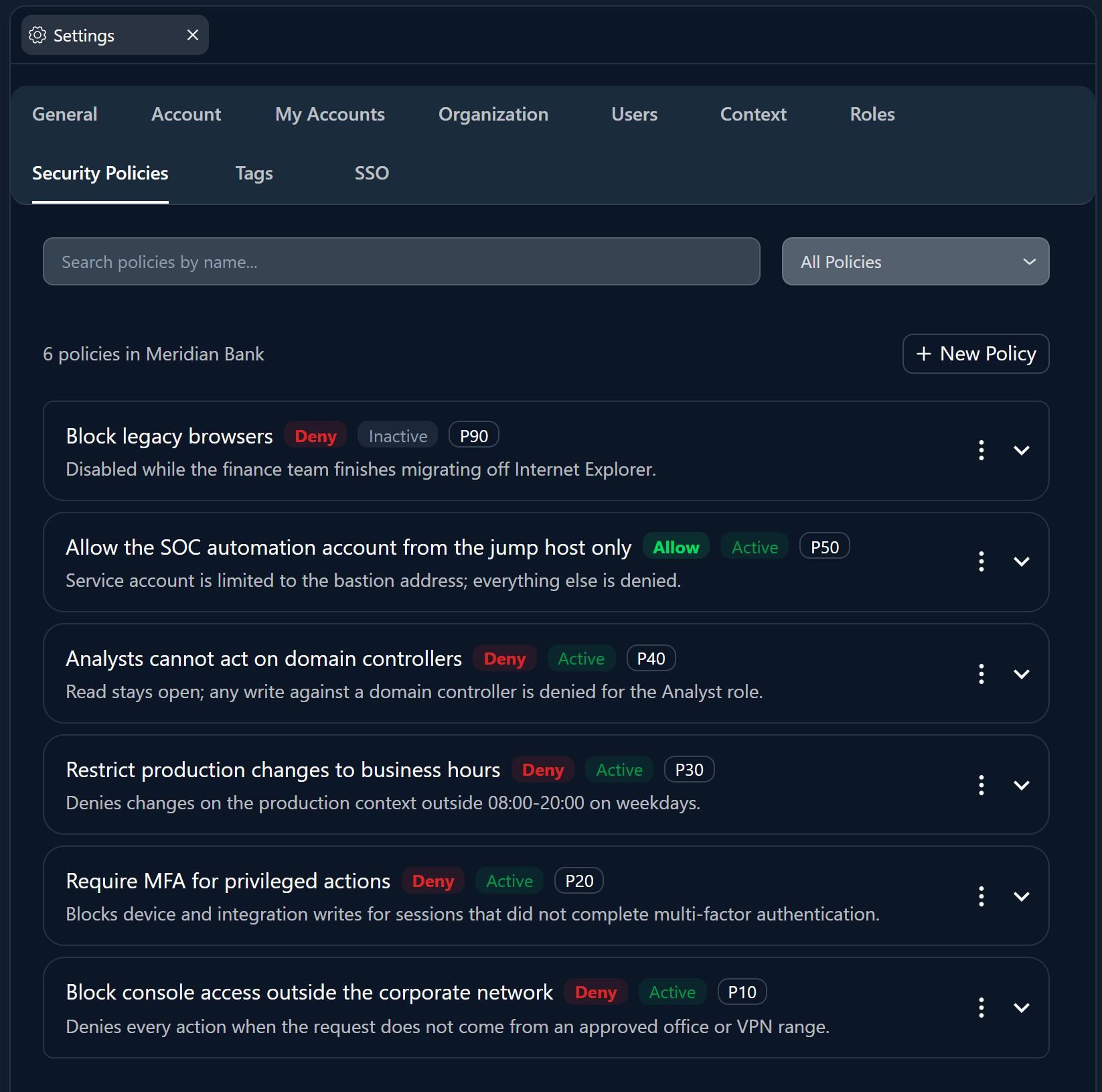The list of existing security policies, with effect, status and priority