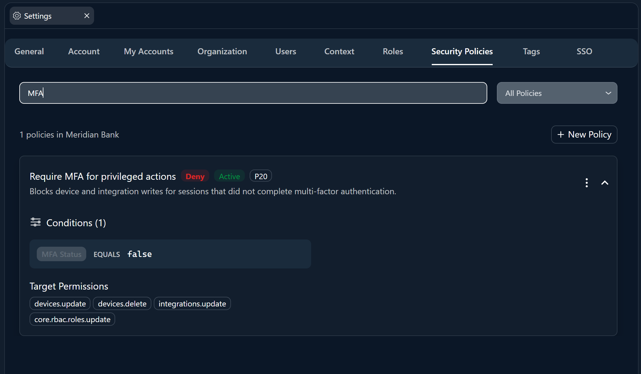 The condition editor of a security policy