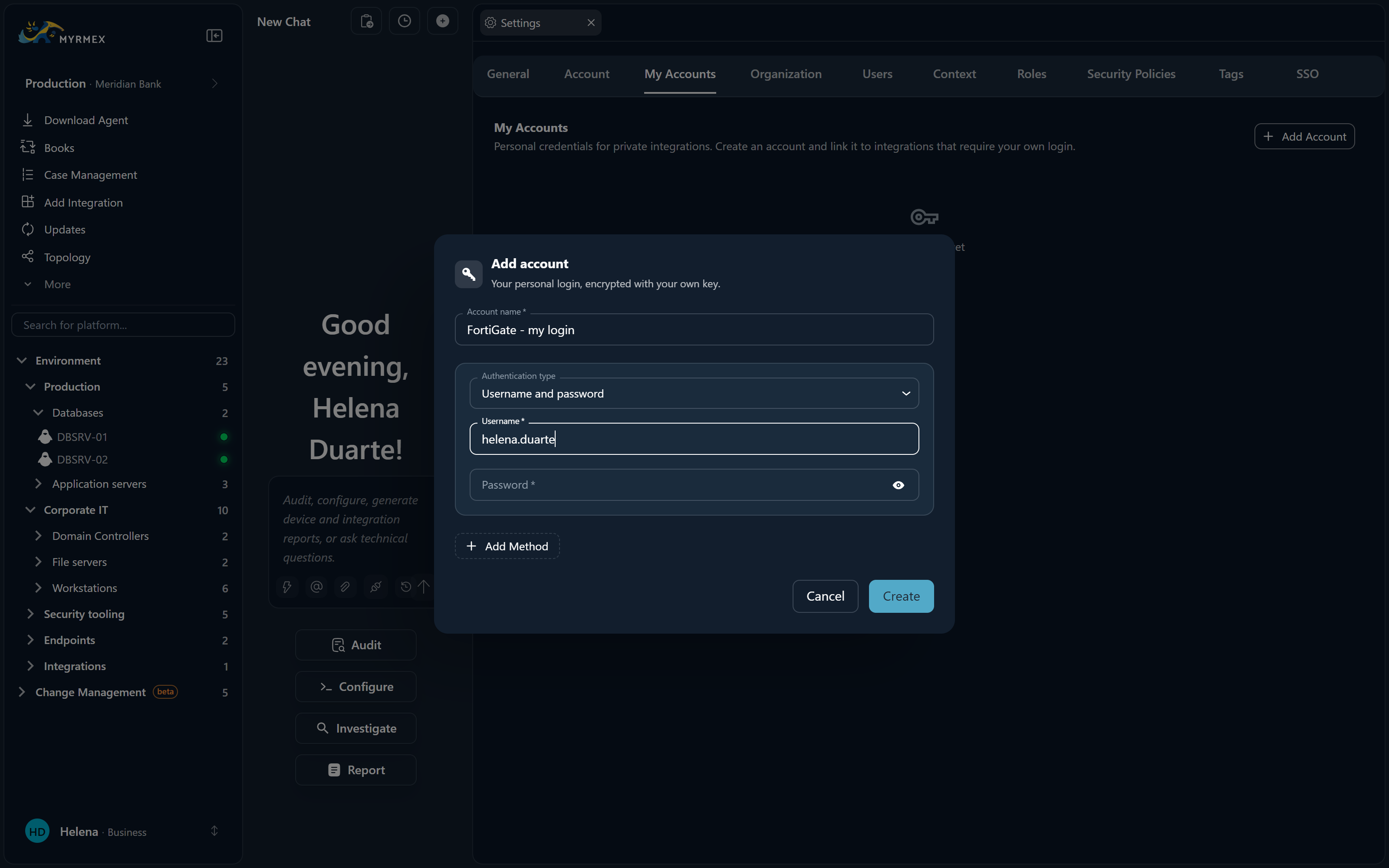 Adding a personal credential under My Accounts, used by private integrations
