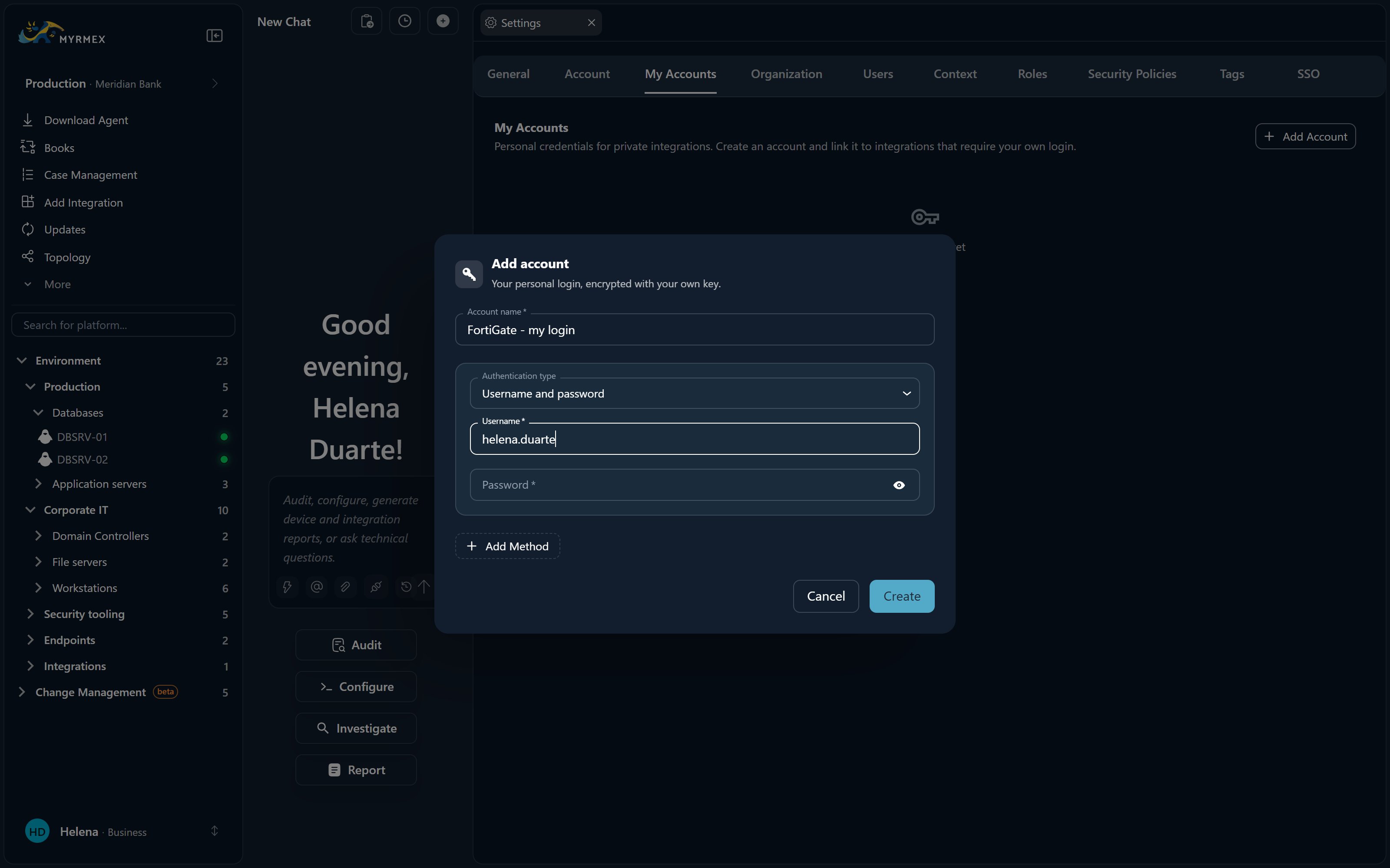 Adding a personal credential under My Accounts, used by private integrations