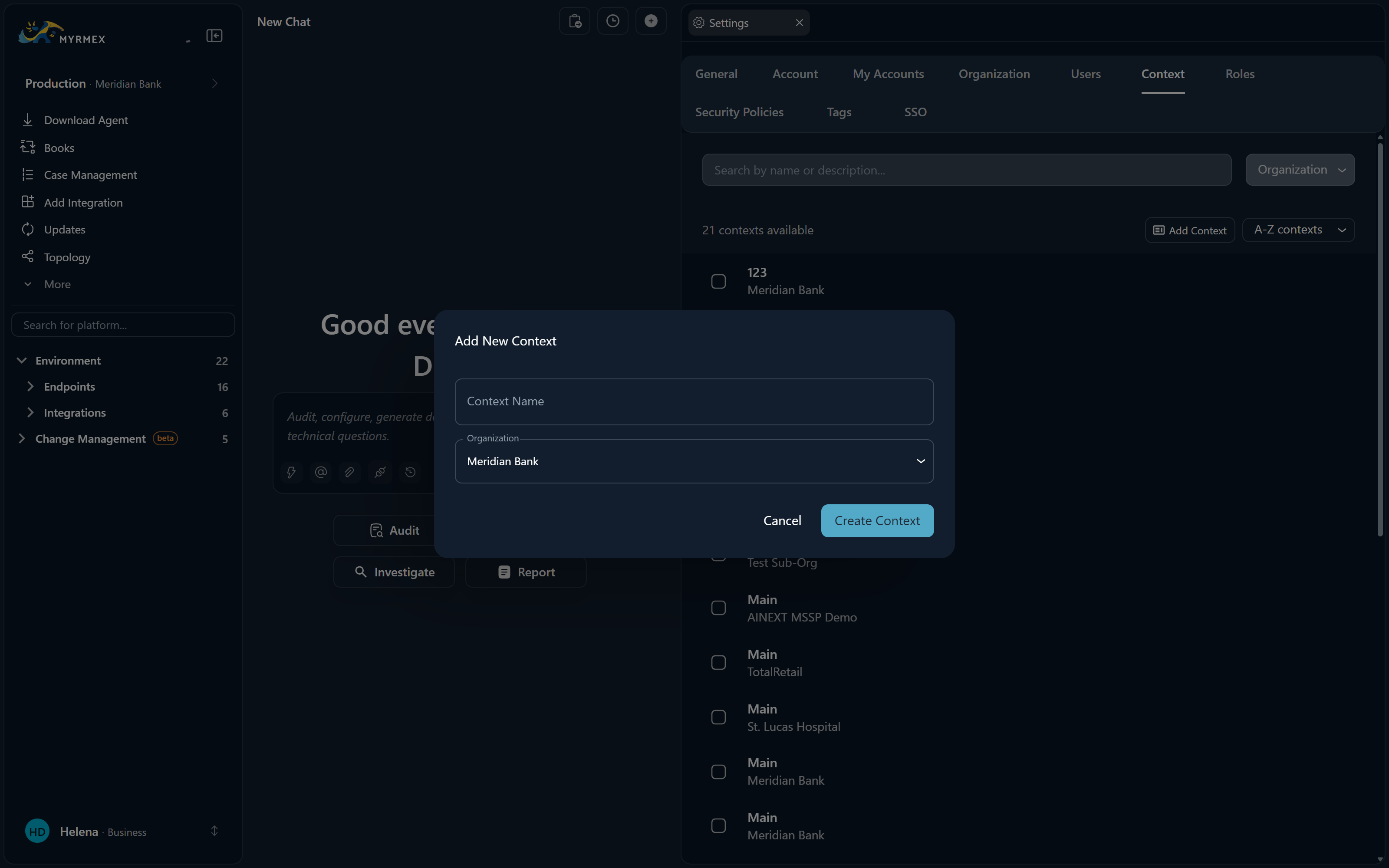 The setup wizard creating a domain, an organization and a context