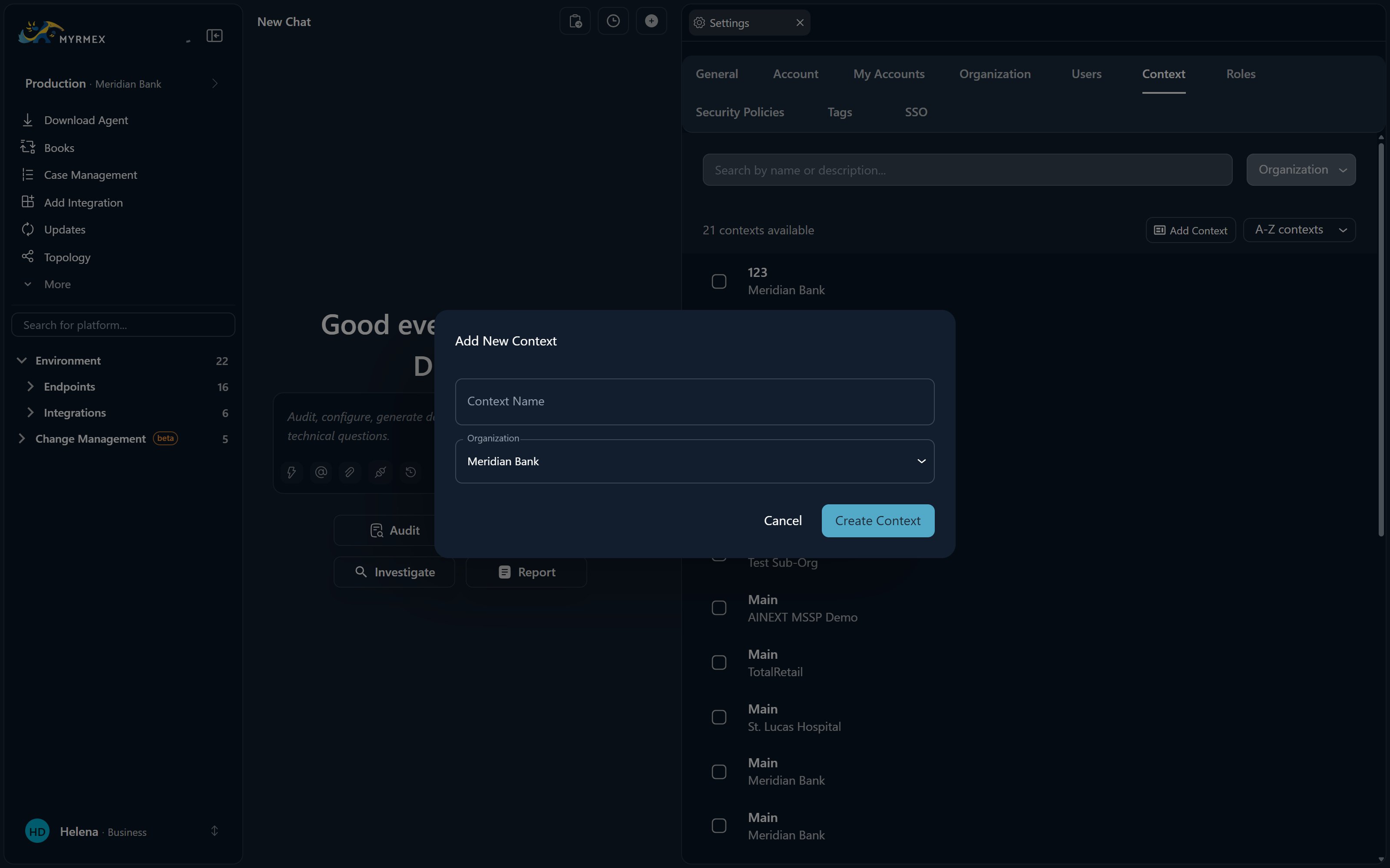 The setup wizard creating a domain, an organization and a context