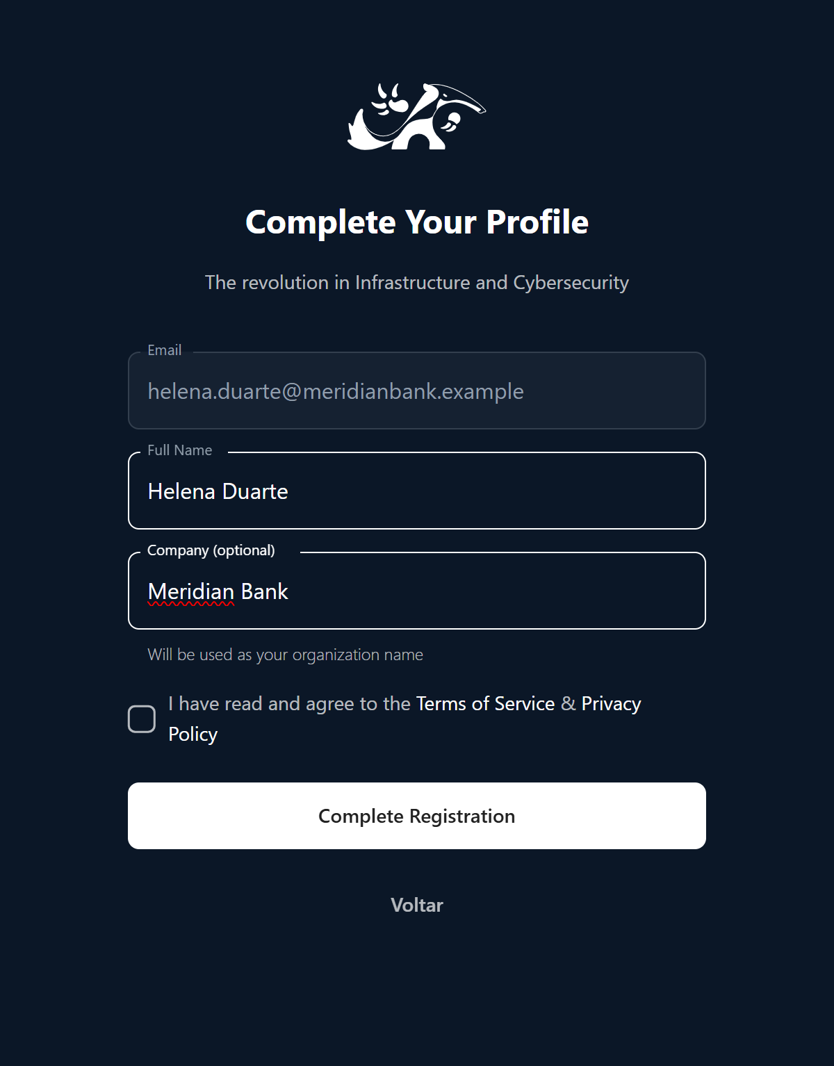 The profile completion screen, with full name and company filled in