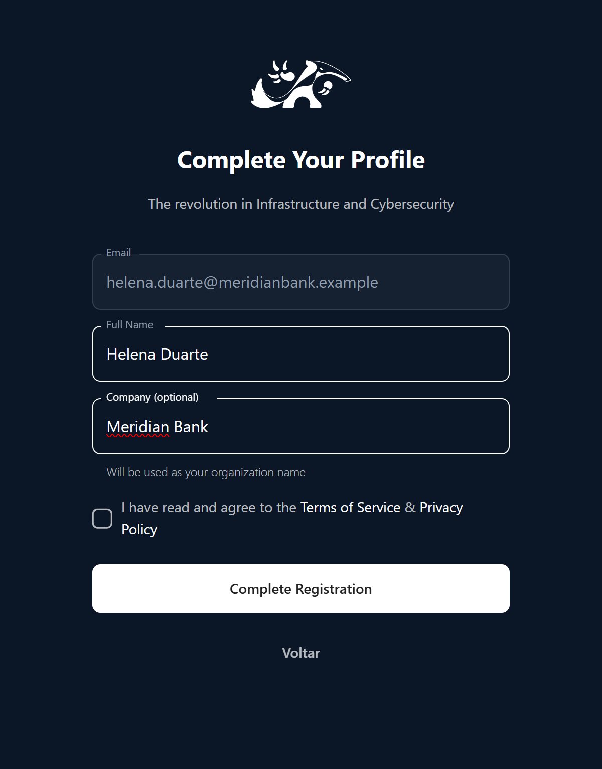 The profile completion screen, with full name and company filled in